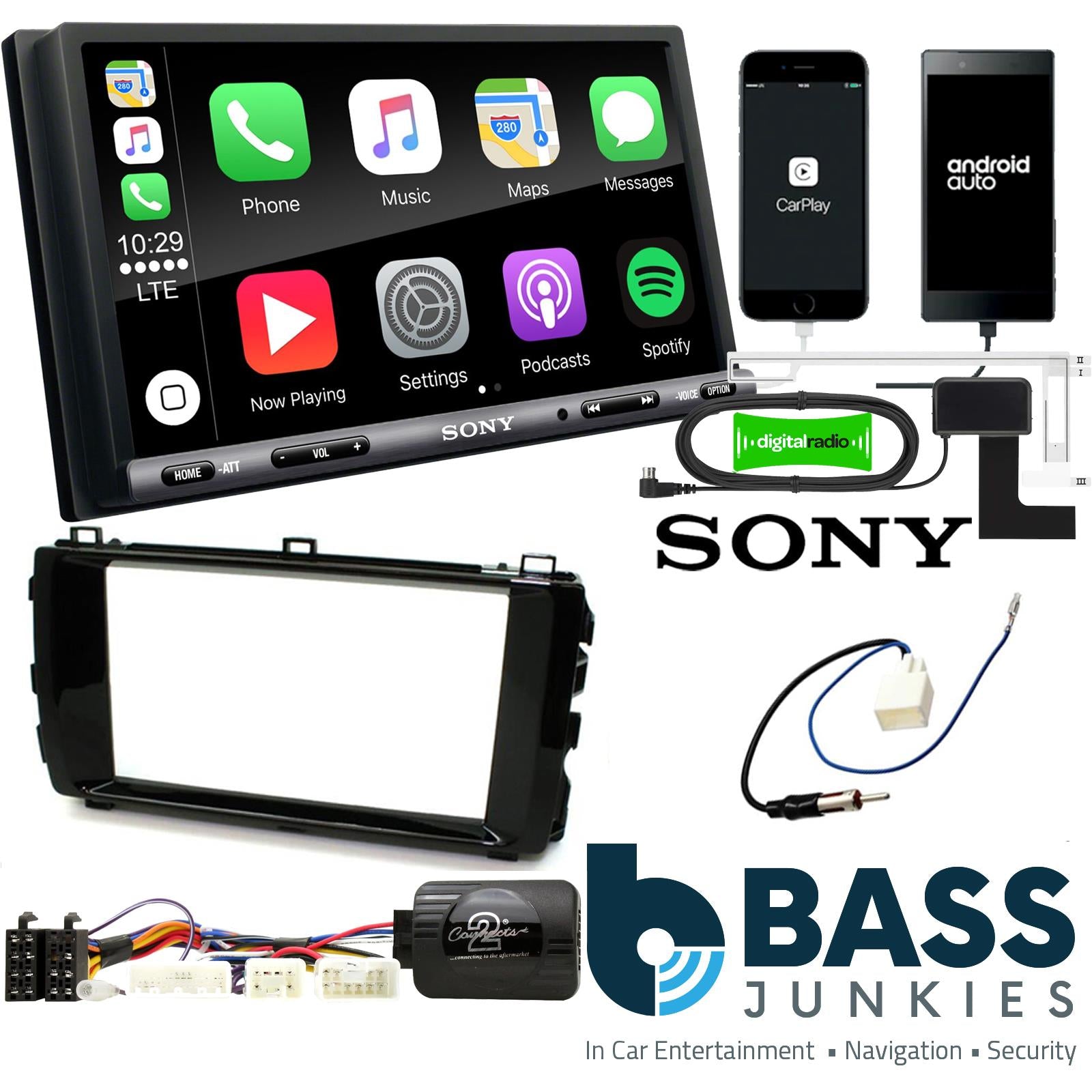SONY DAB+ Apple | Android Double Din Stereo Fitting Kit + Steering Wheel Stalk Controls to fit Toyota Auris 2013-15
