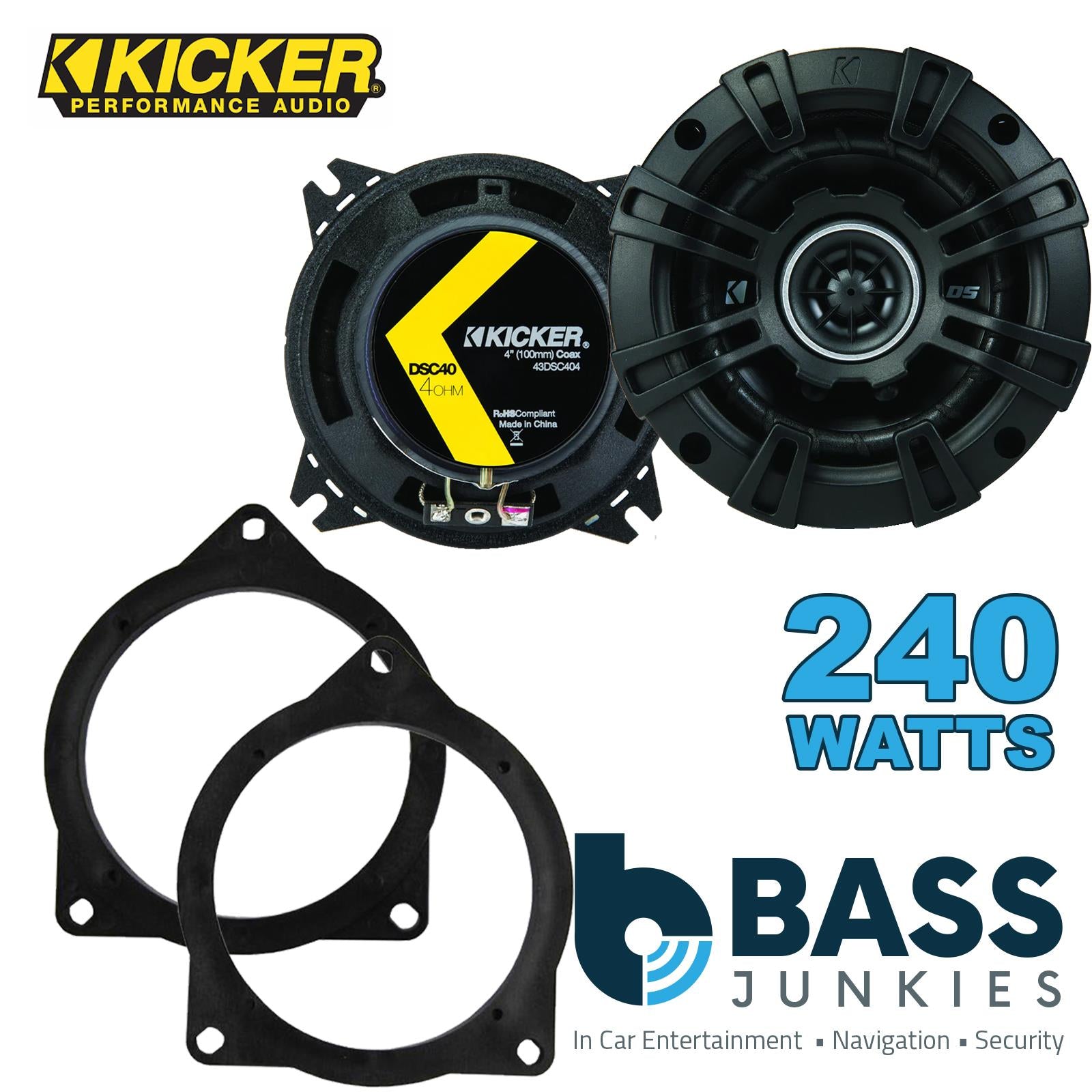 Kicker DSC404 100mm/10cm/4" 2-Way Coaxial Car speakers (Per Pair Max 240|60 watts RMS) Fits BMW 3-Series 2011-19 | 4-Series 13-20 | 5-Series 03-10