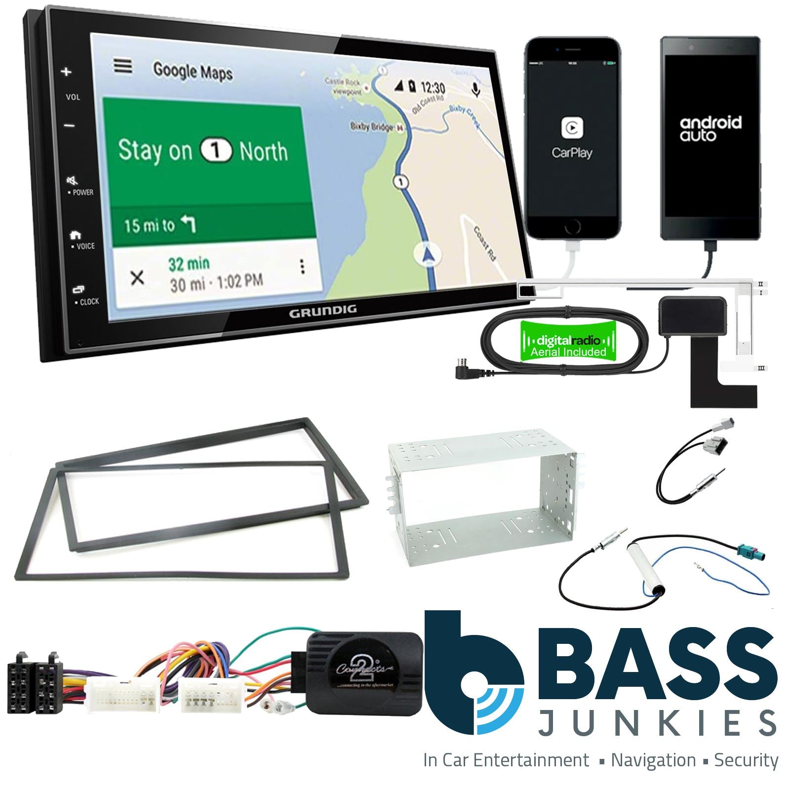 Grundig 6.8" Apple Android Double Din Stereo Fitting Kit + Steering Wheel Stalk Controls to fit Kia Picanto 2008-11