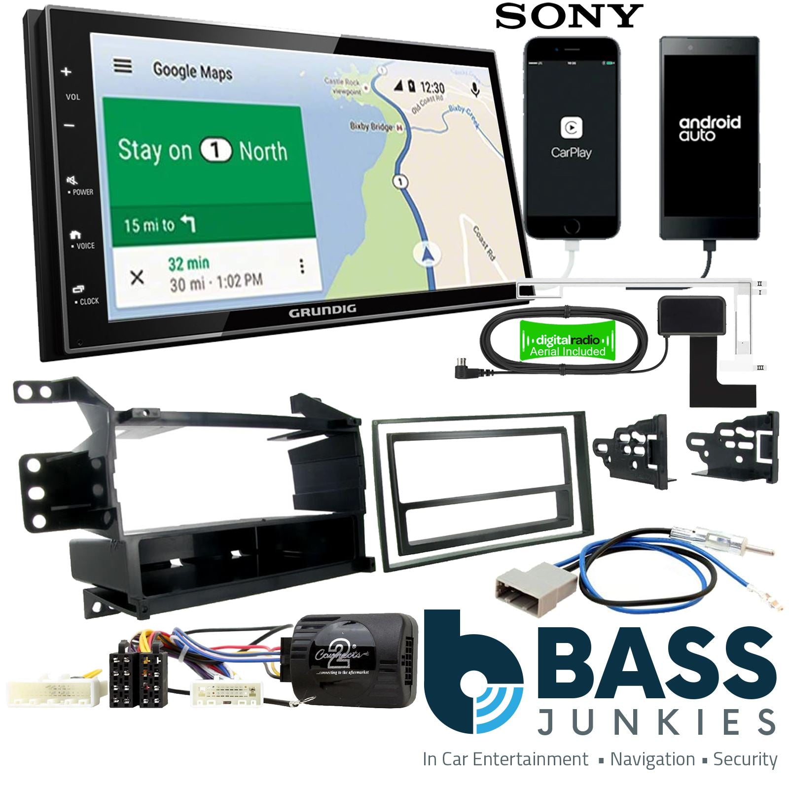 Grundig 6.8" Apple Android Double Din Stereo Fitting Kit + Steering Wheel Stalk Controls to fit Nissan Juke 2011-14