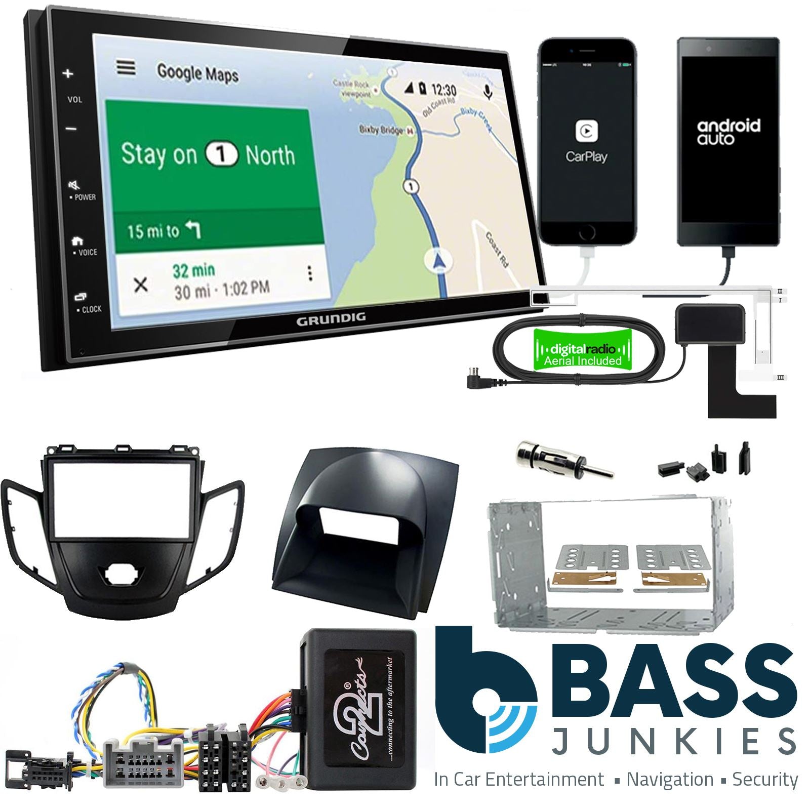 Grundig 6.8" Apple Android Double Din Stereo Fitting Kit + Steering Wheel Stalk Controls to fit Ford Fiesta 2008-10