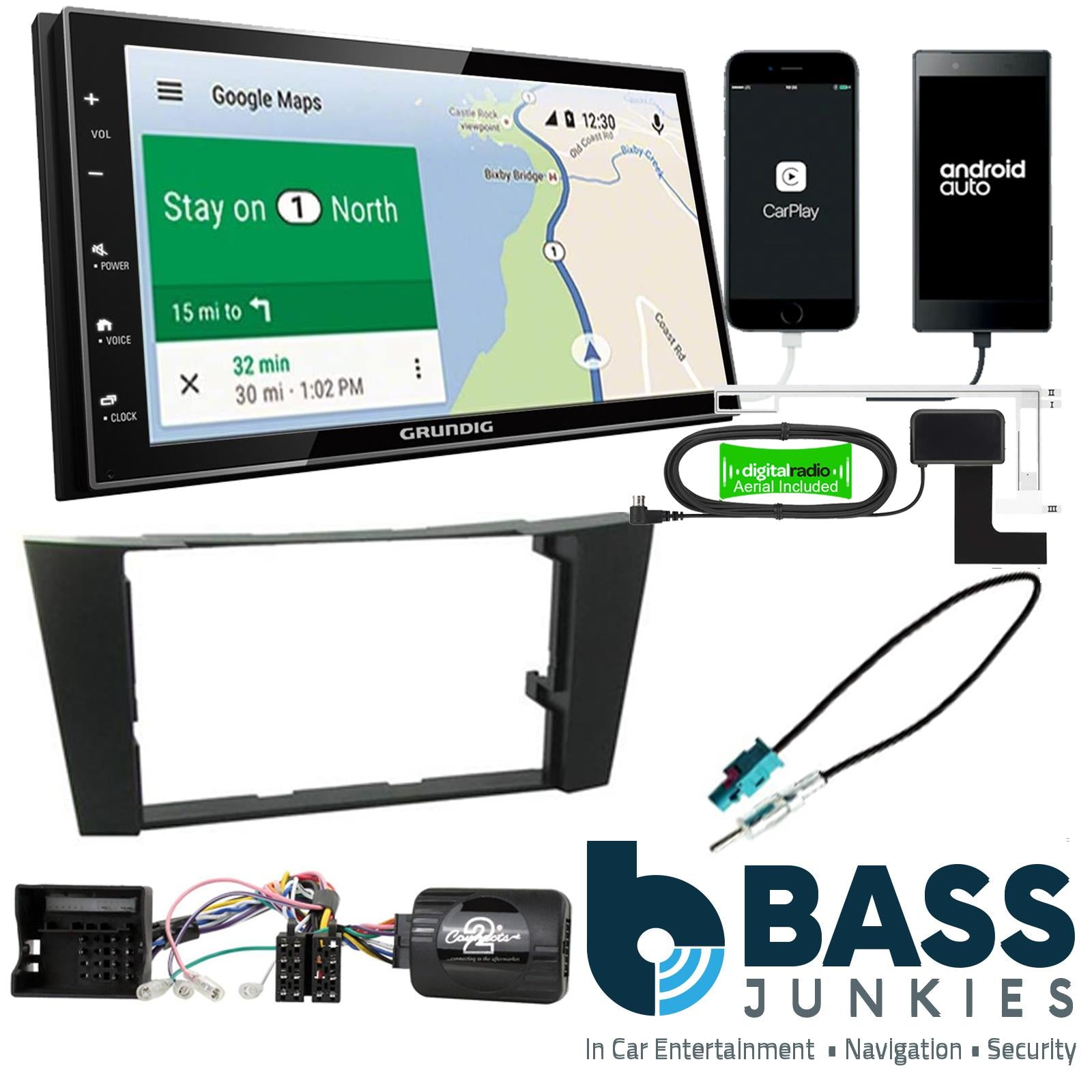 Grundig 6.8" Apple Android Double Din Stereo Fitting Kit + Steering Wheel Stalk Controls to fit Mercedes CLS 2005-10