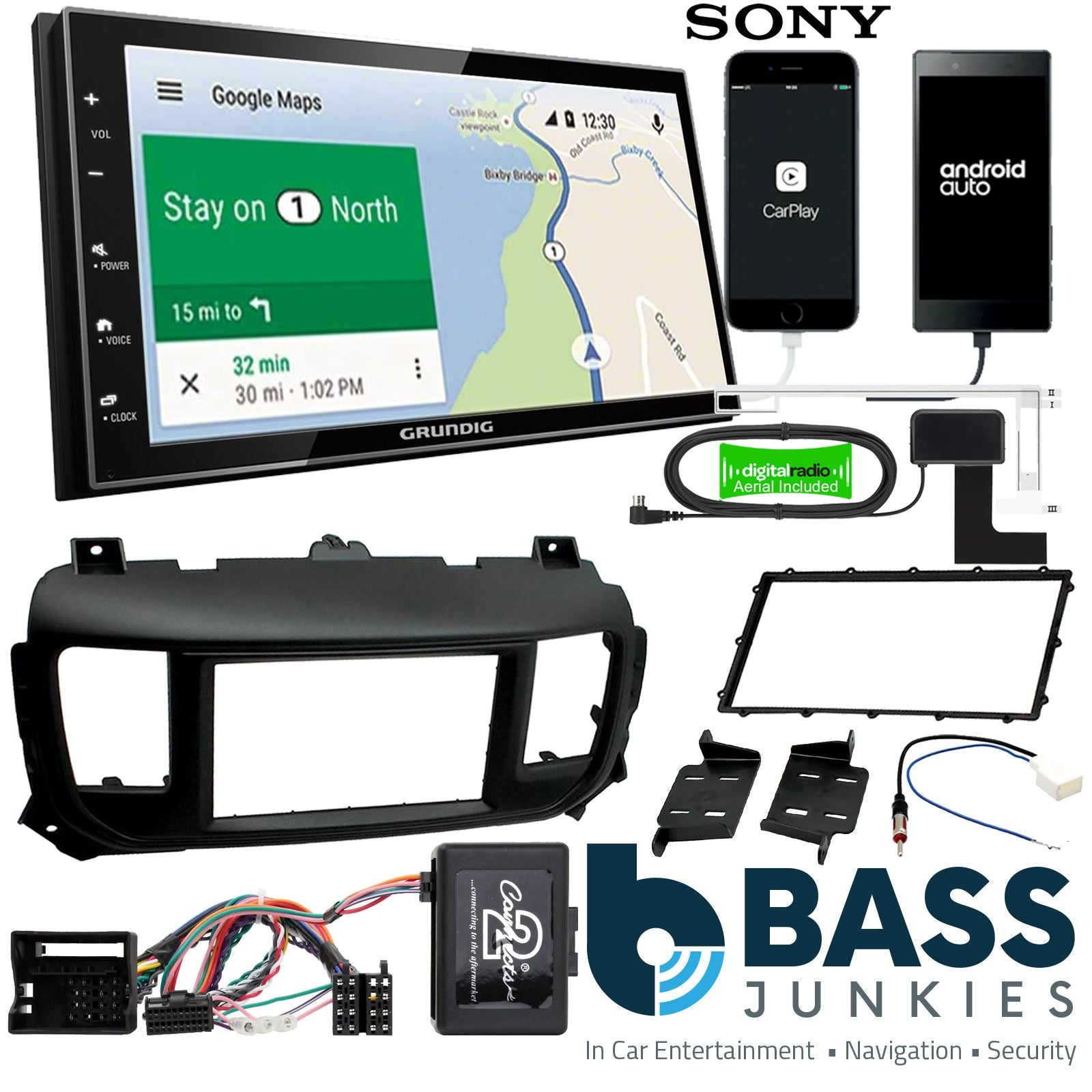 Grundig 6.8" Apple Android Double Din Stereo Fitting Kit + Steering Wheel Stalk Controls to fit Peugeot Expert 2016-