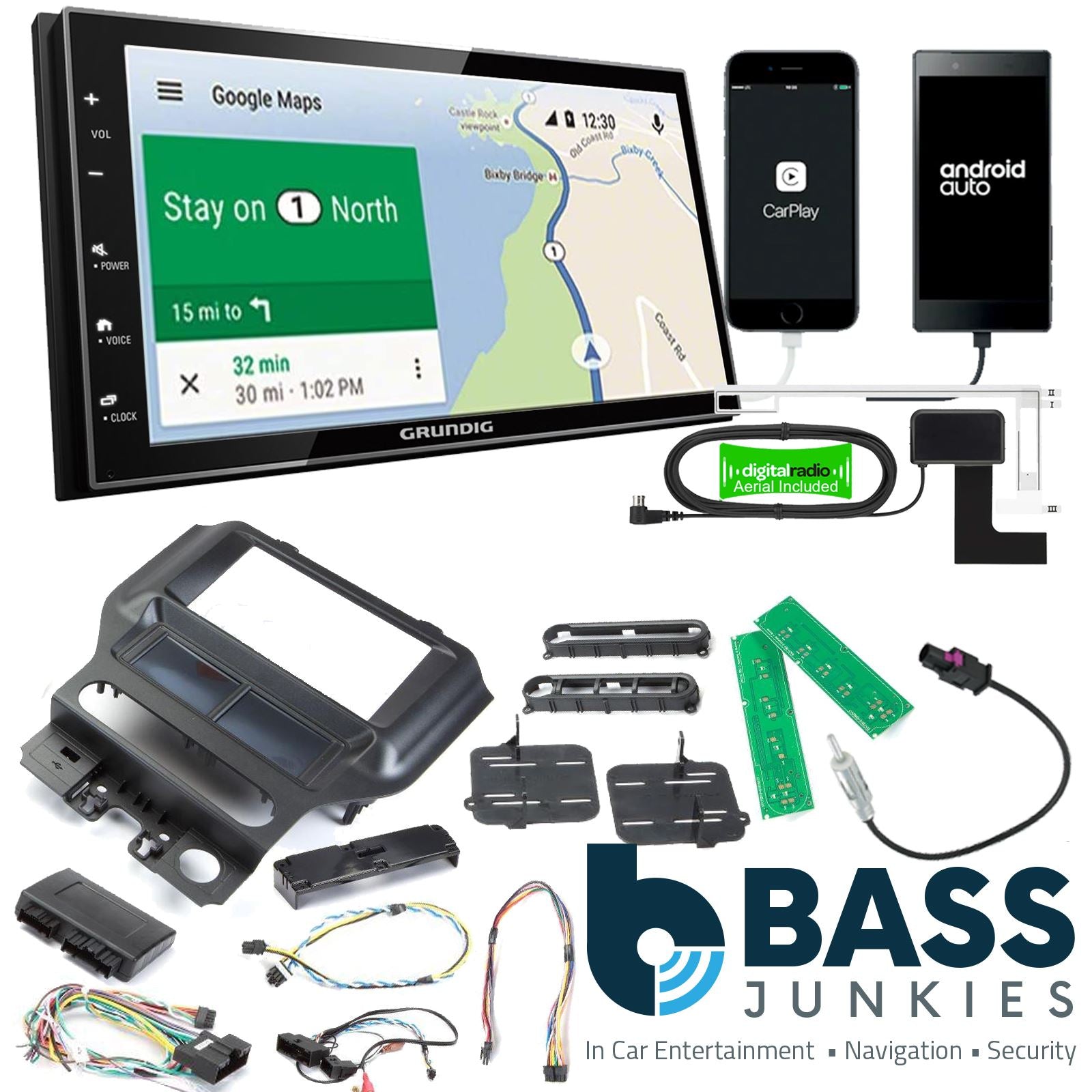 Grundig 6.8" Apple Android Double Din Stereo Fitting Kit + Steering Wheel Stalk Controls to fit Ford Mustang 2015-21
