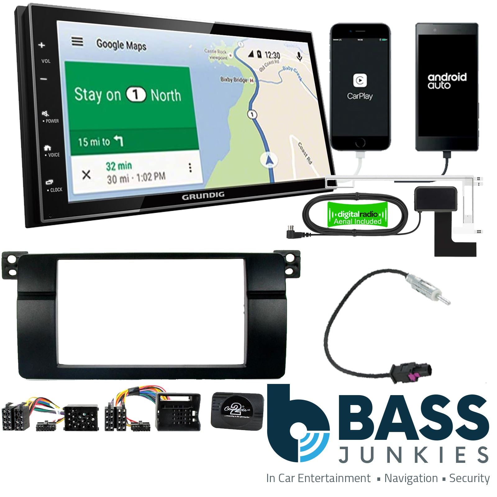 Grundig 6.8" Apple Android Double Din Stereo Fitting Kit + Steering Wheel Stalk Controls to fit BMW 3-Series 1998-05
