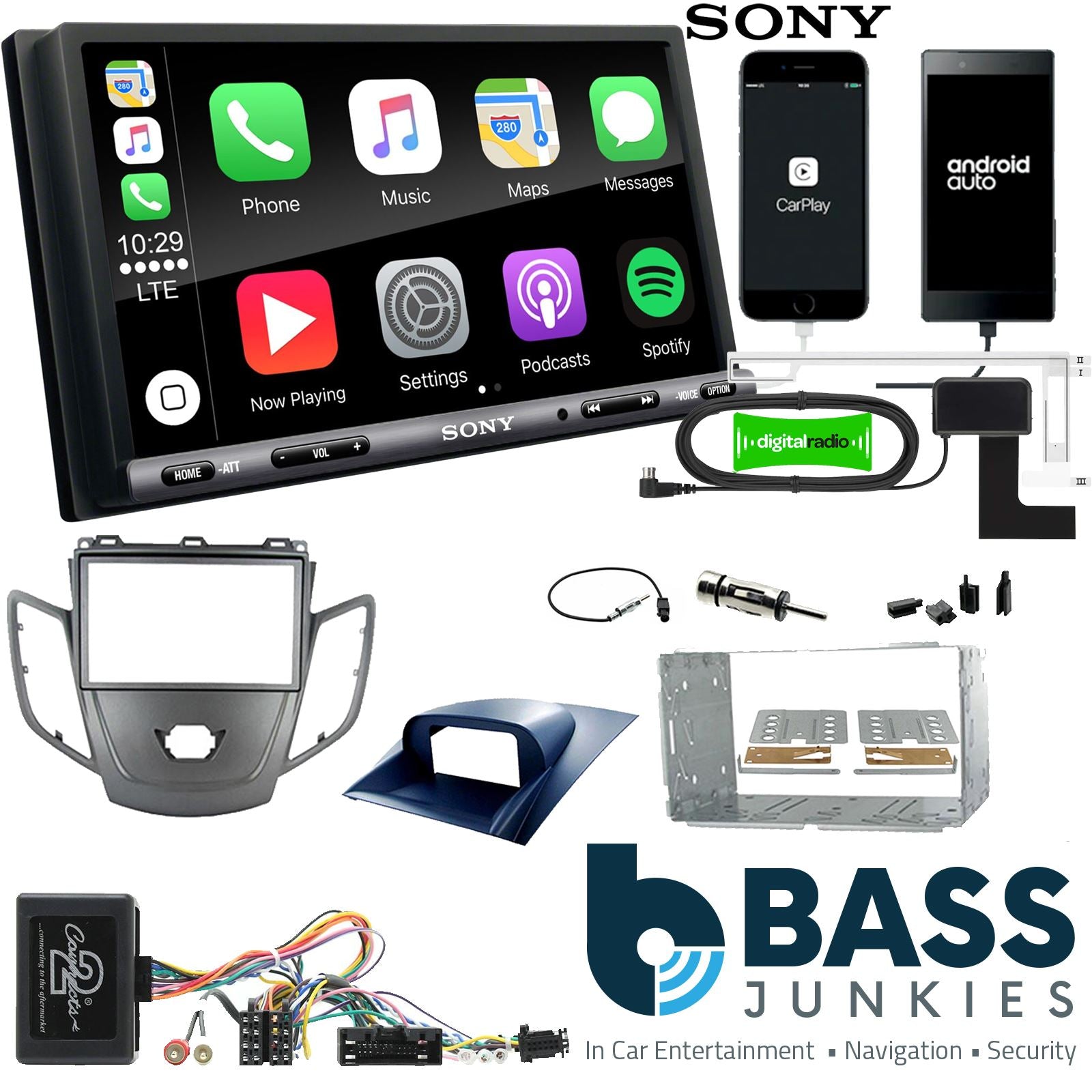 SONY DAB+ Apple | Android Double Din Stereo Fitting Kit + Steering Wheel Stalk Controls to fit Ford Fiesta 2010-12