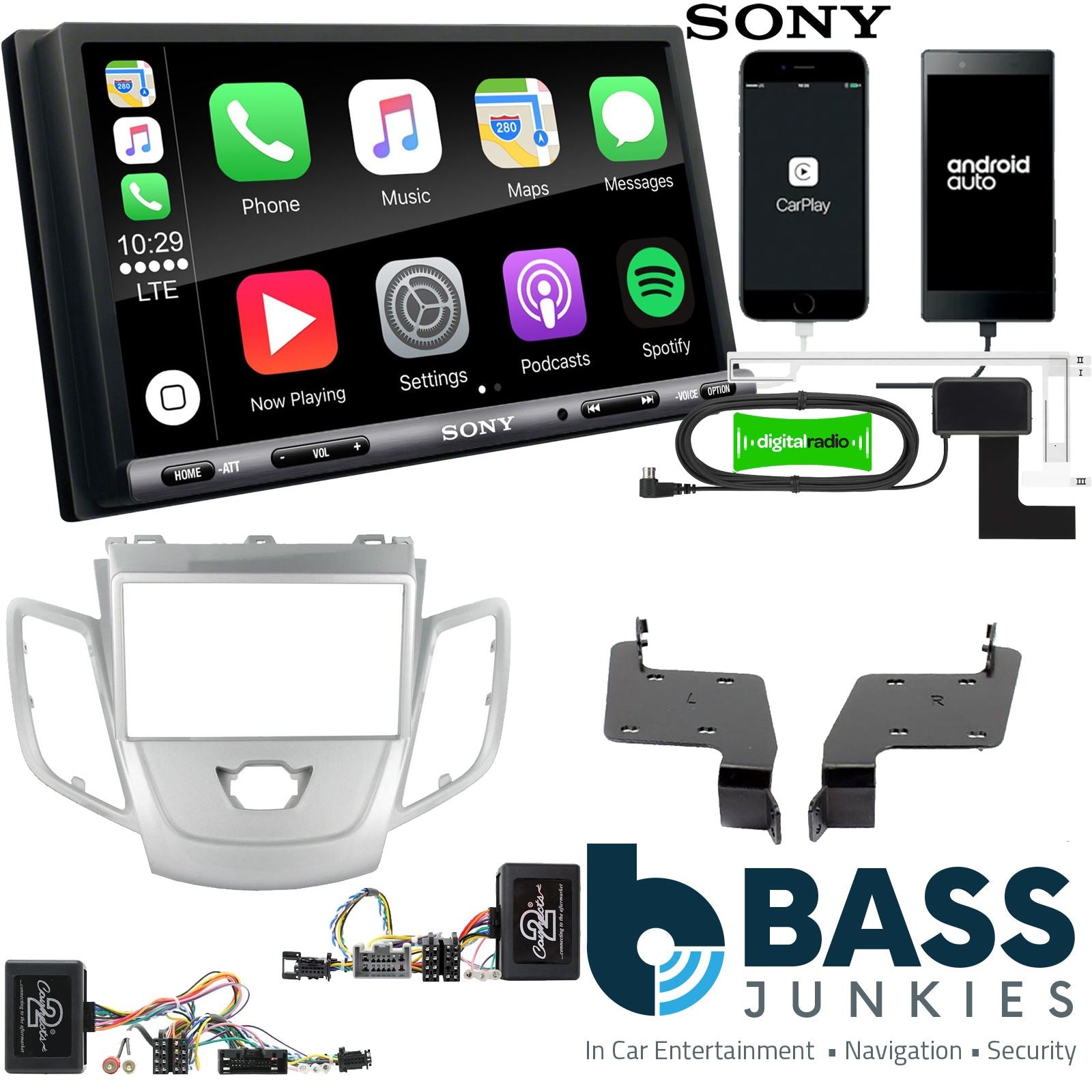 SONY DAB+ Apple | Android Double Din Stereo Fitting Kit + Steering Wheel Stalk Controls to fit Ford Fiesta 2008-12