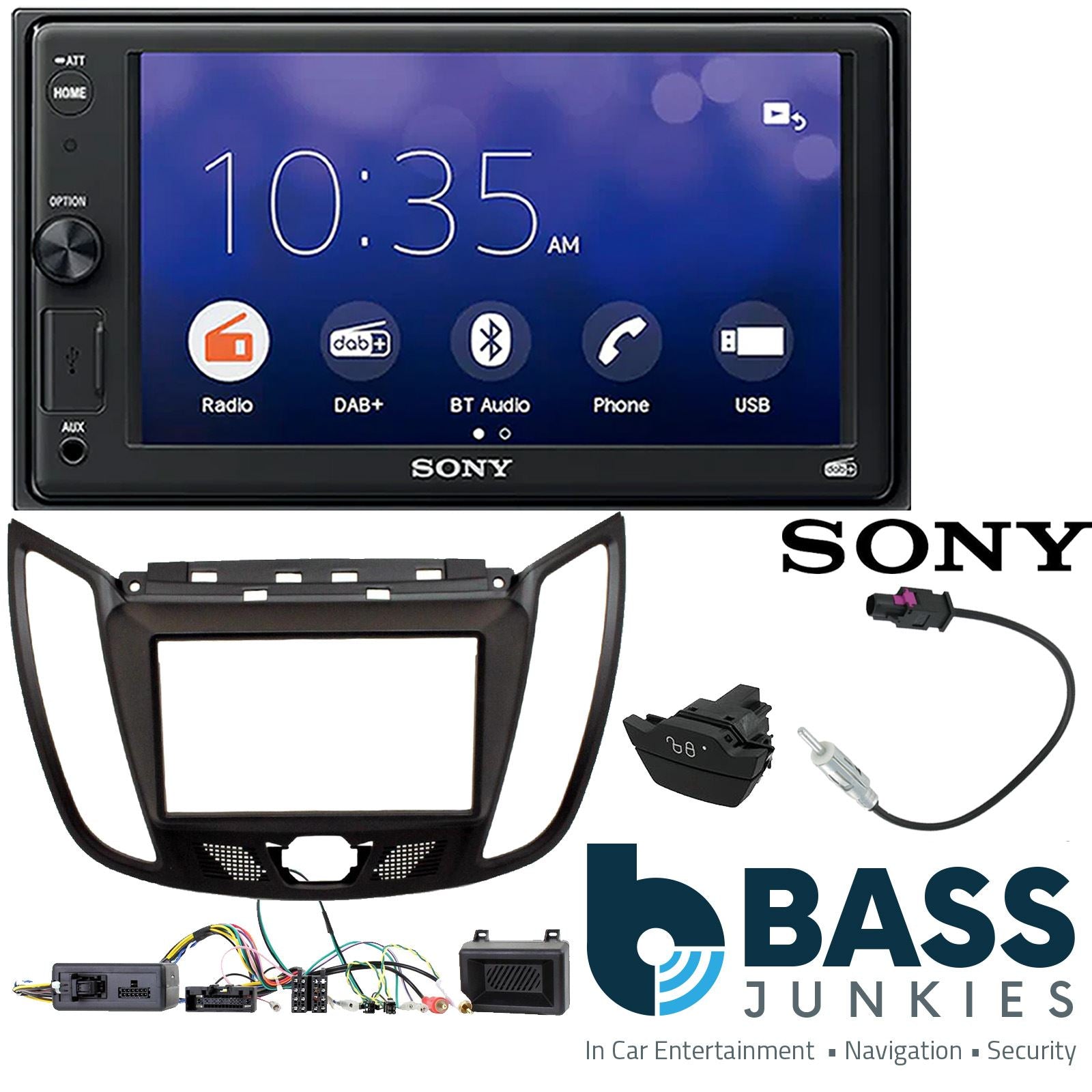 SONY XAV-1550D DAB+ Smart Bluetooth Car Radio + Stereo fitting kit + Steering Wheel Controls Loom for Ford Kuga 2013-2019