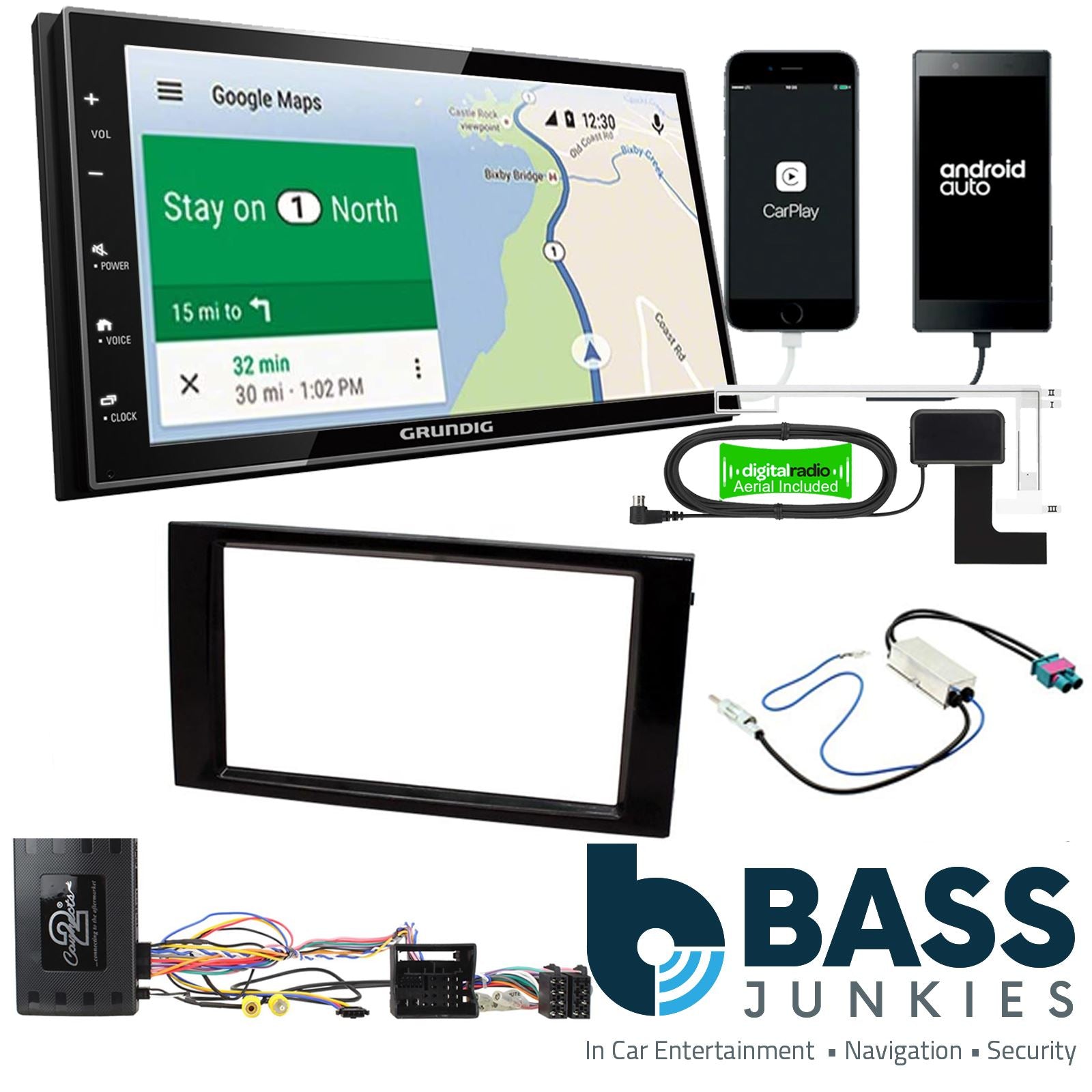 Grundig 6.8" Apple Android Double Din Stereo Fitting Kit + Steering Wheel Stalk Controls to fit Seat Leon 2012-15 | Seat Ibiza 2015-17