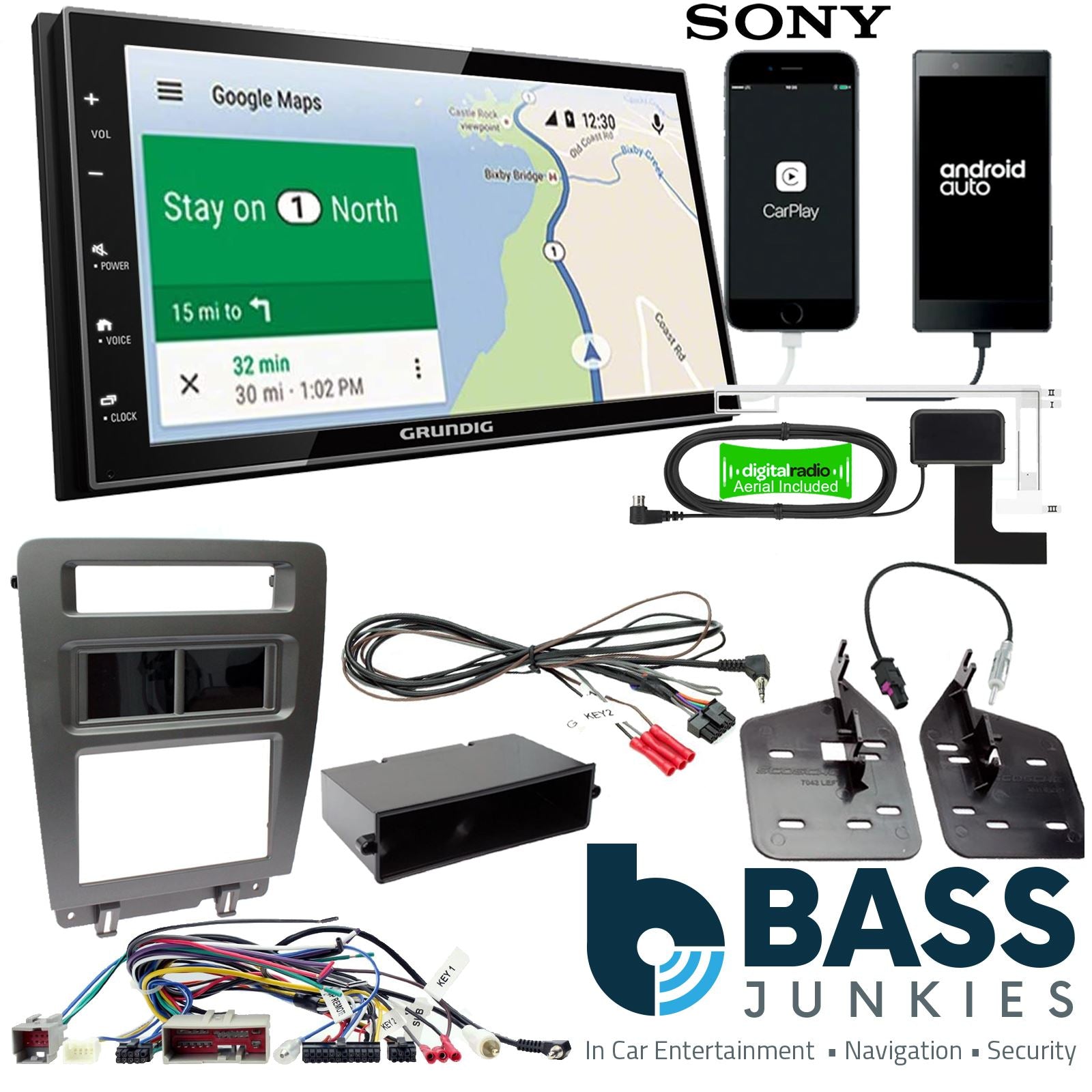 Grundig 6.8" Apple Android Double Din Stereo Fitting Kit + Steering Wheel Stalk Controls to fit Ford Mustang 2010-14