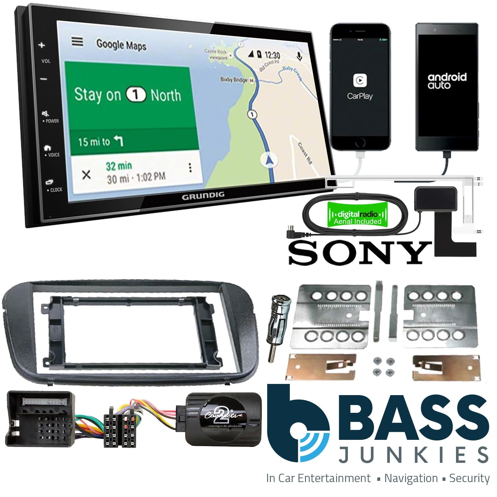 Grundig 6.8" Apple Android Double Din Stereo Fitting Kit + Steering Wheel Stalk Controls to fit Ford Focus 2007-11 | Ford Mondeo 2007-14