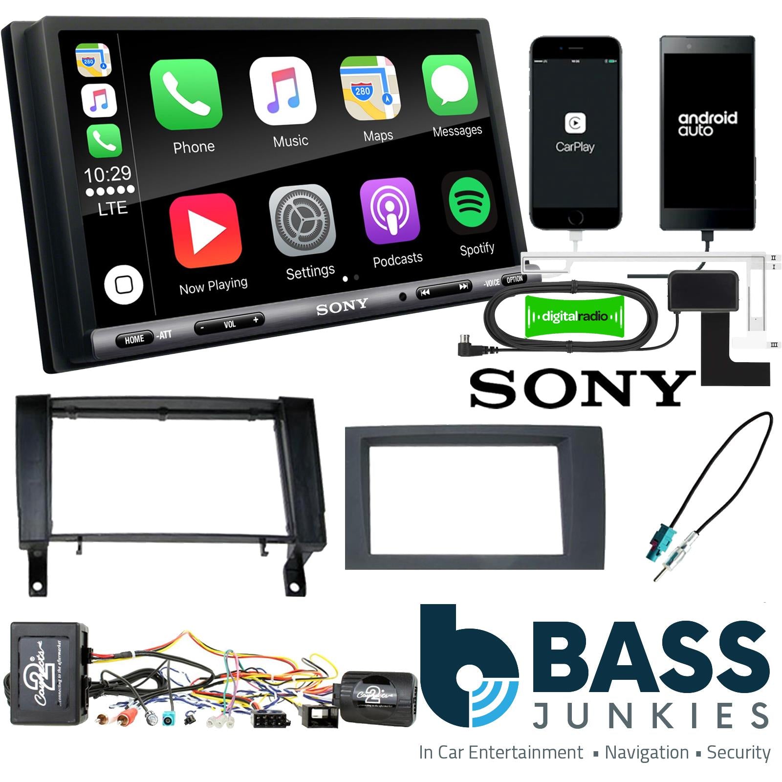SONY DAB+ Apple | Android Double Din Stereo Fitting Kit + Steering Wheel Stalk Controls to fit Mercedes SLK 2004-10