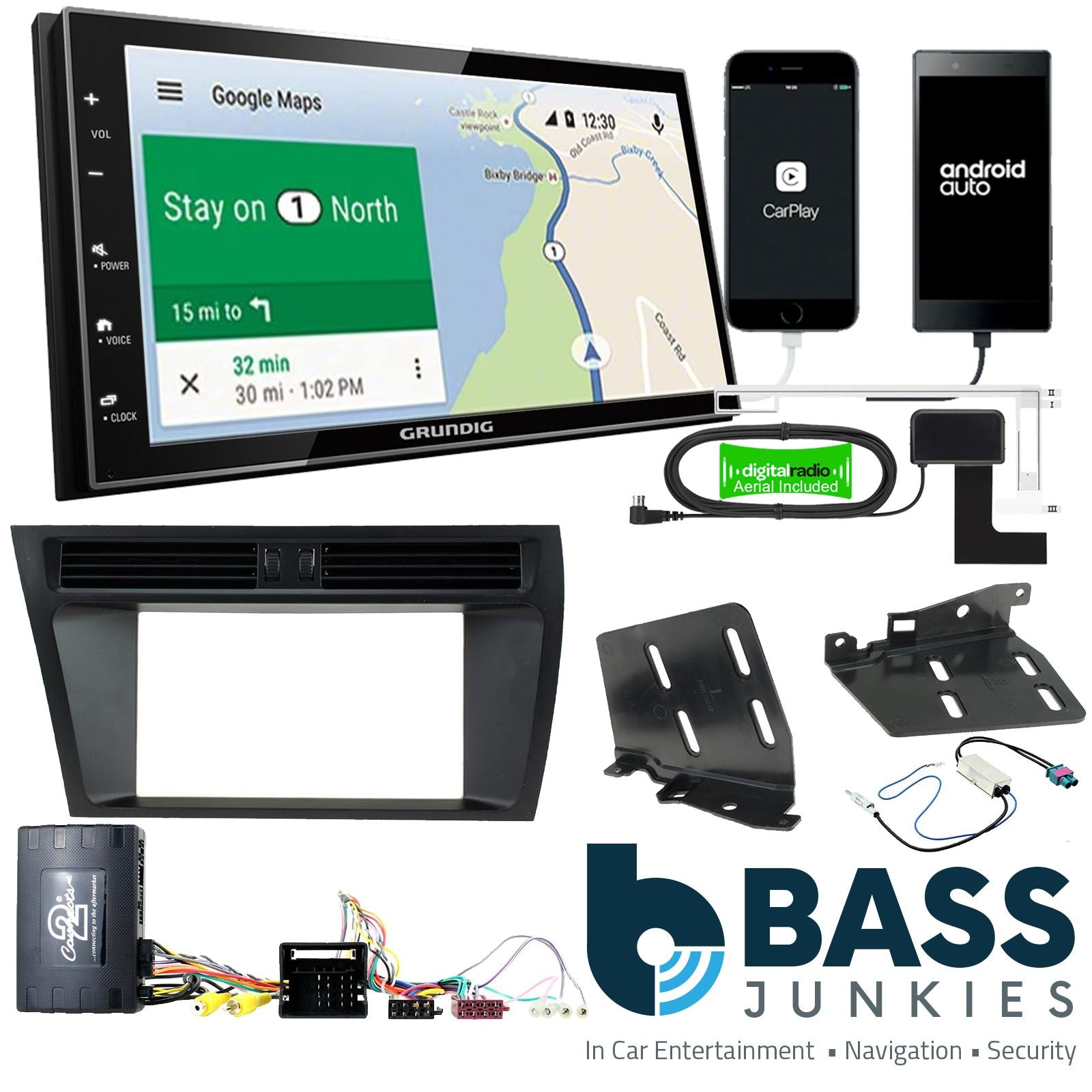 Grundig 6.8" Apple Android Double Din Stereo Fitting Kit + Steering Wheel Stalk Controls to fit Audi A4 2008-15 | Audi A5 2008-15