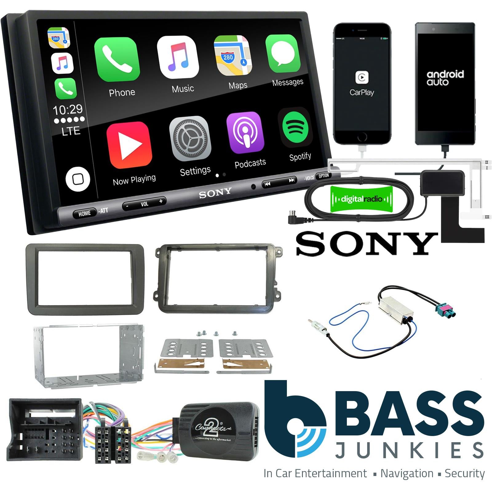 SONY DAB+ Apple | Android Double Din Stereo & Fitting Kit + Steering Wheel Stalk Controls to fit VW Jetta 15-18 | Caddy 15-20 | Transporter T6 15- | Beetle 15- | Tiguan 15-20 | Sharan 15-21