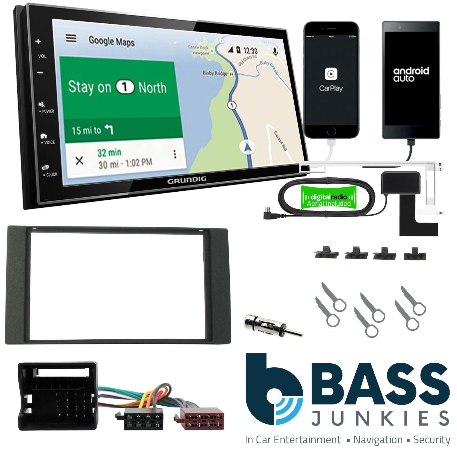 Grundig 6.8" Apple Android Double Din Stereo Fitting Kit + Steering Wheel Stalk Controls to fit Ford Focus 2004-07 | Ford Fusion 2005-12 | Ford C-Max 2003-10