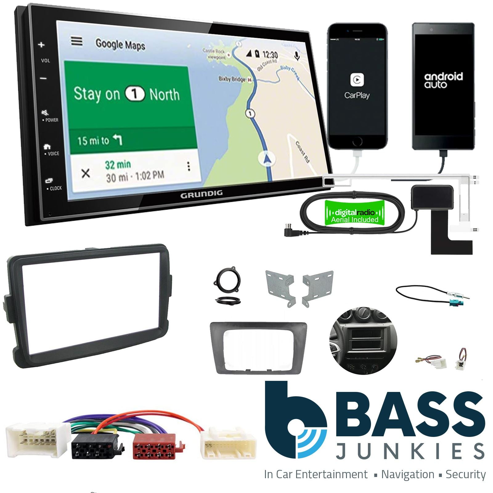 Grundig 6.8" Apple Android Double Din Stereo Fitting Kit + Steering Wheel Stalk Controls to fit Dacia Duster 2012-17 | Dacia Sandero 2012-16