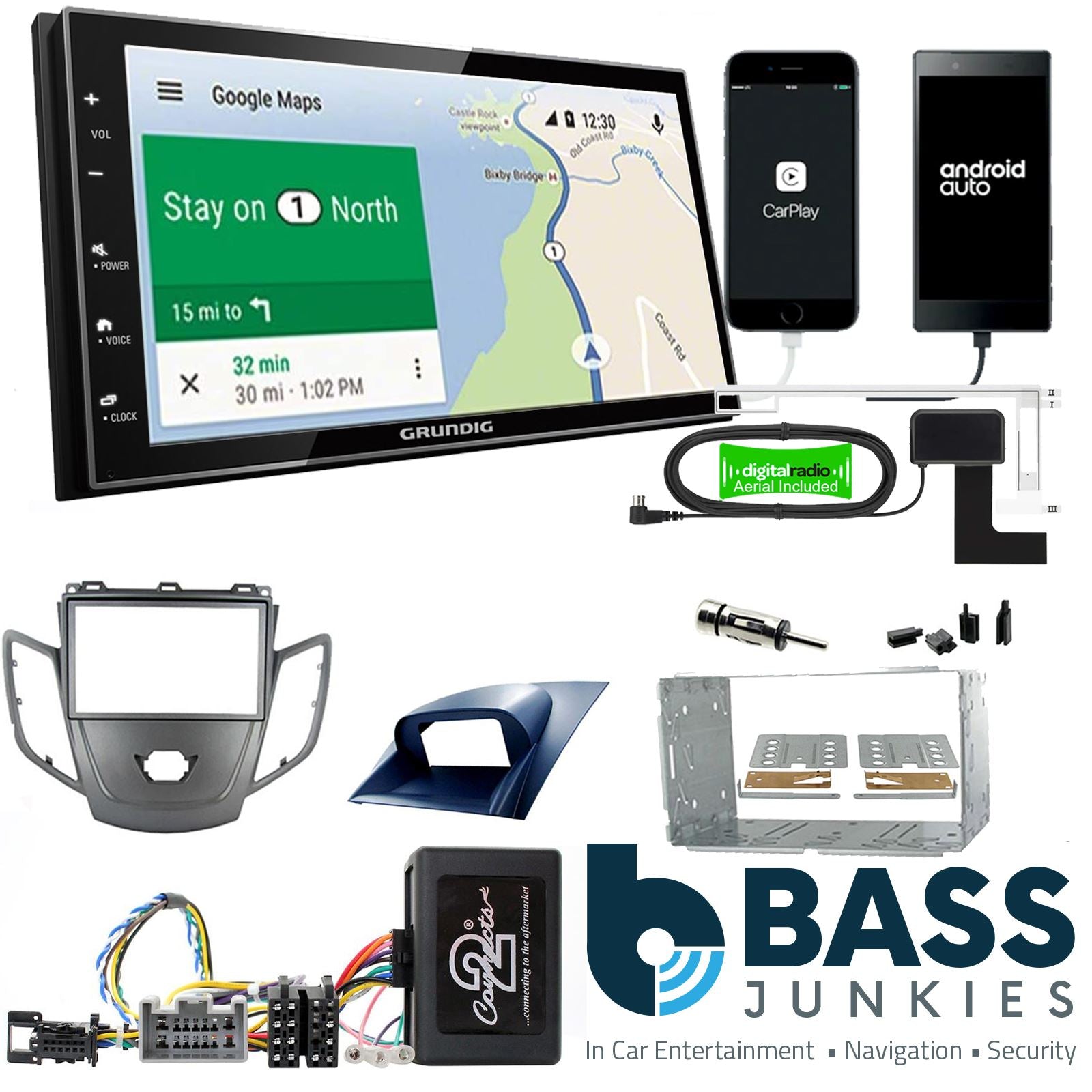 Grundig 6.8" Apple Android Double Din Stereo Fitting Kit + Steering Wheel Stalk Controls to fit Ford Fiesta 2008-10