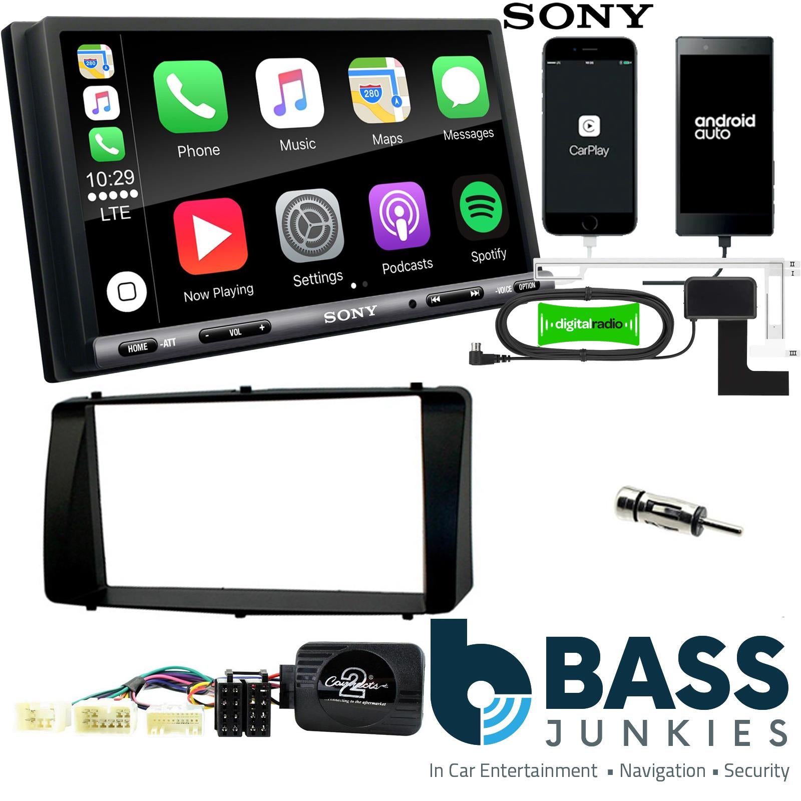 SONY DAB+ Apple | Android Double Din Stereo Fitting Kit + Steering Wheel Stalk Controls to fit Toyota Corolla 2003-08
