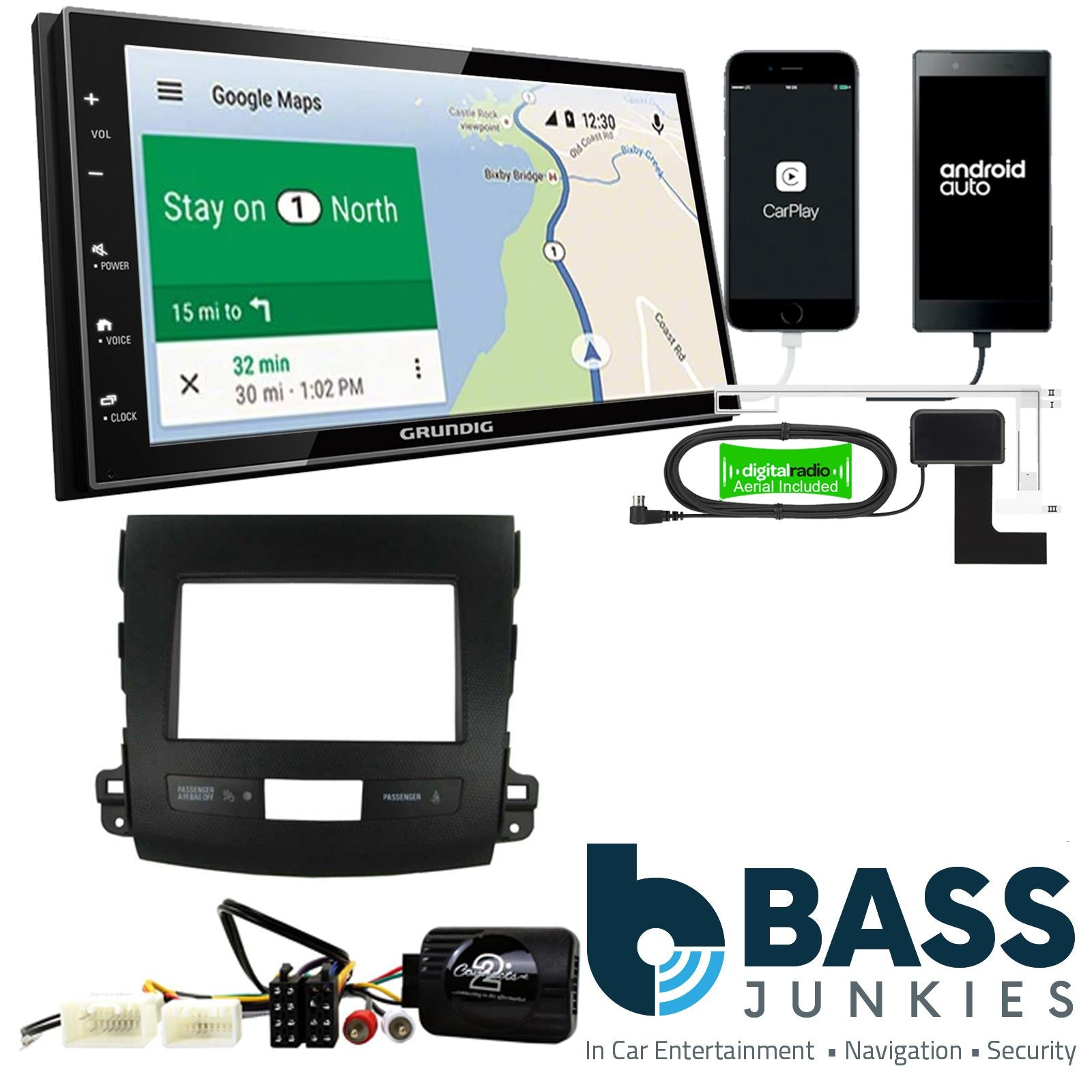 Grundig 6.8" Apple Android Double Din Stereo Fitting Kit + Steering Wheel Stalk Controls to fit Mitsubishi Outlander 07-10