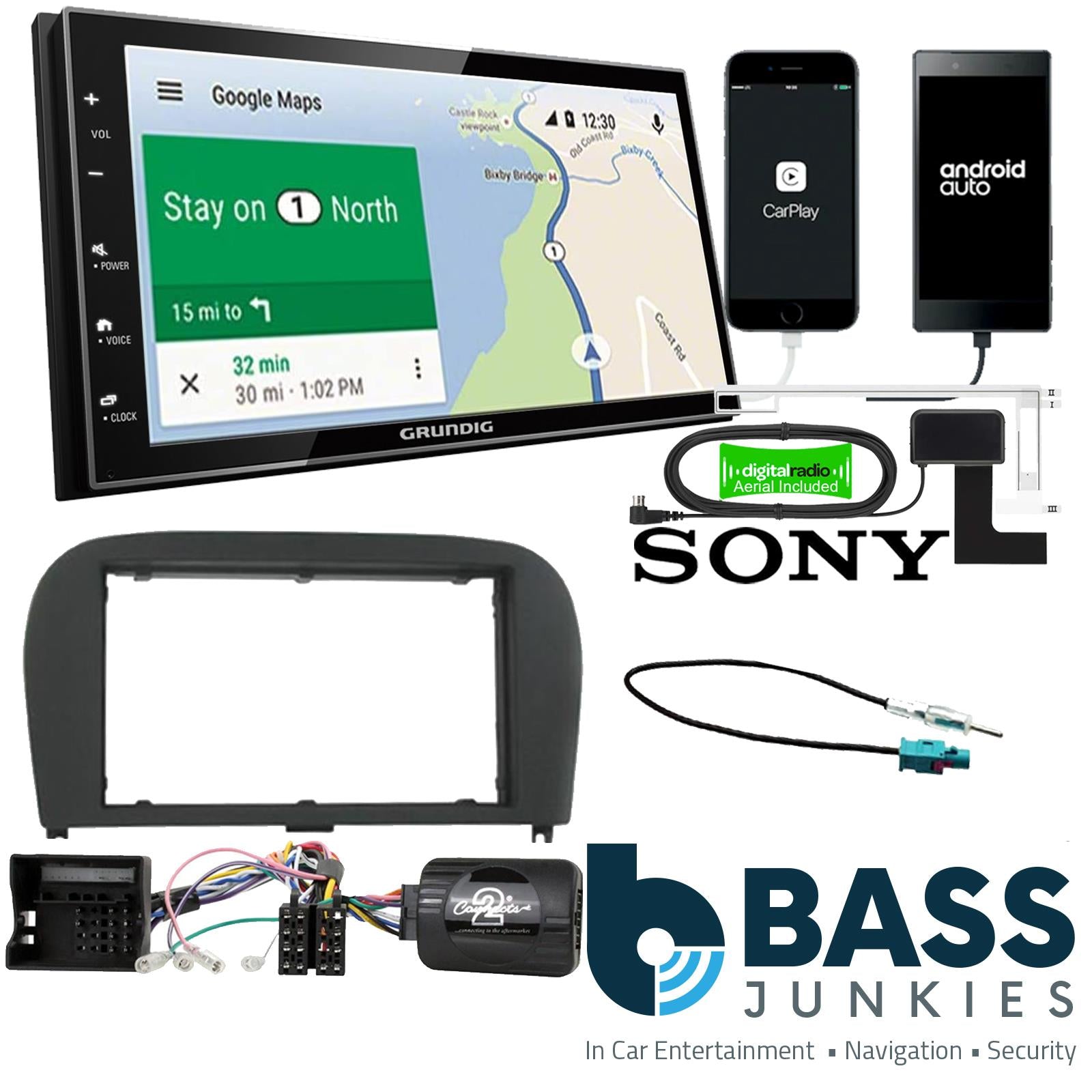 Grundig 6.8" Apple Android Double Din Stereo Fitting Kit + Steering Wheel Stalk Controls to fit Mercedes SL 2004-14