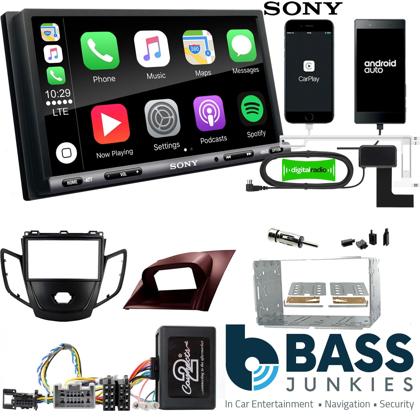 SONY DAB+ Apple | Android Double Din Stereo Fitting Kit + Steering Wheel Stalk Controls to fit Ford Fiesta 2008-10