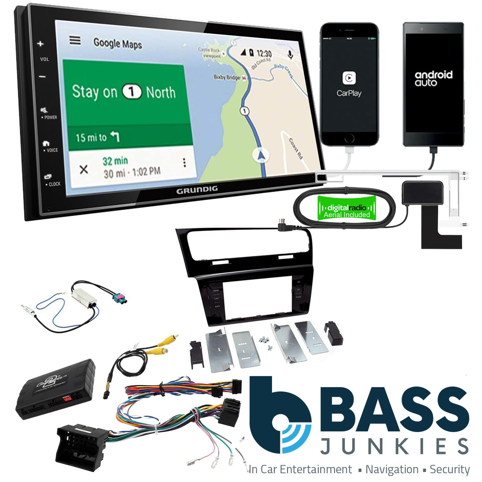 Grundig 6.8" Apple Android Double Din Stereo Fitting Kit + Steering Wheel Stalk Controls to fit VW Golf 2013-18