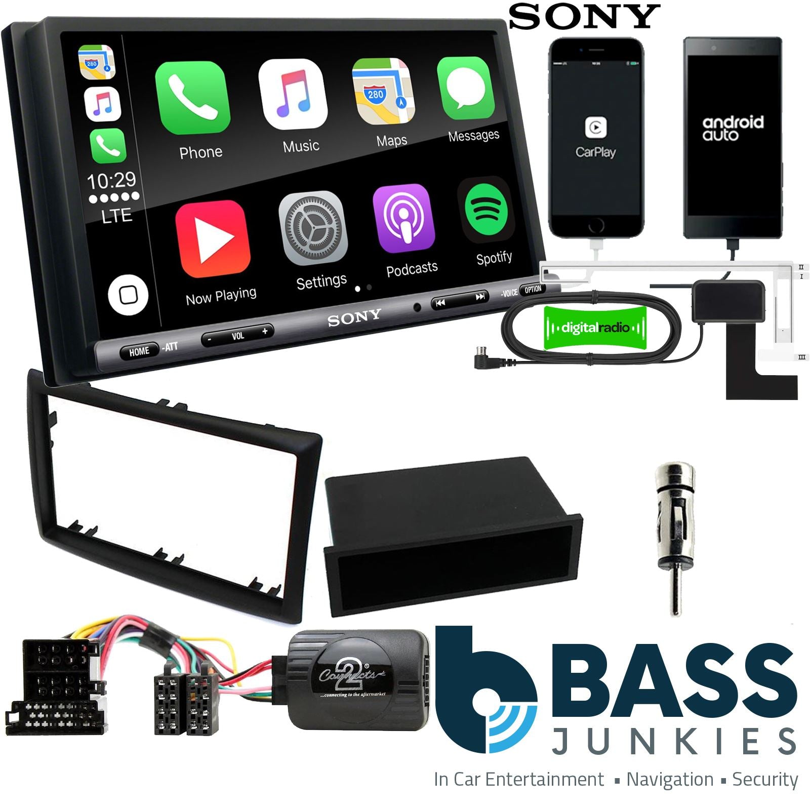 SONY DAB+ Apple | Android Double Din Stereo Fitting Kit + Steering Wheel Stalk Controls to fit Renault Megane 2003-05