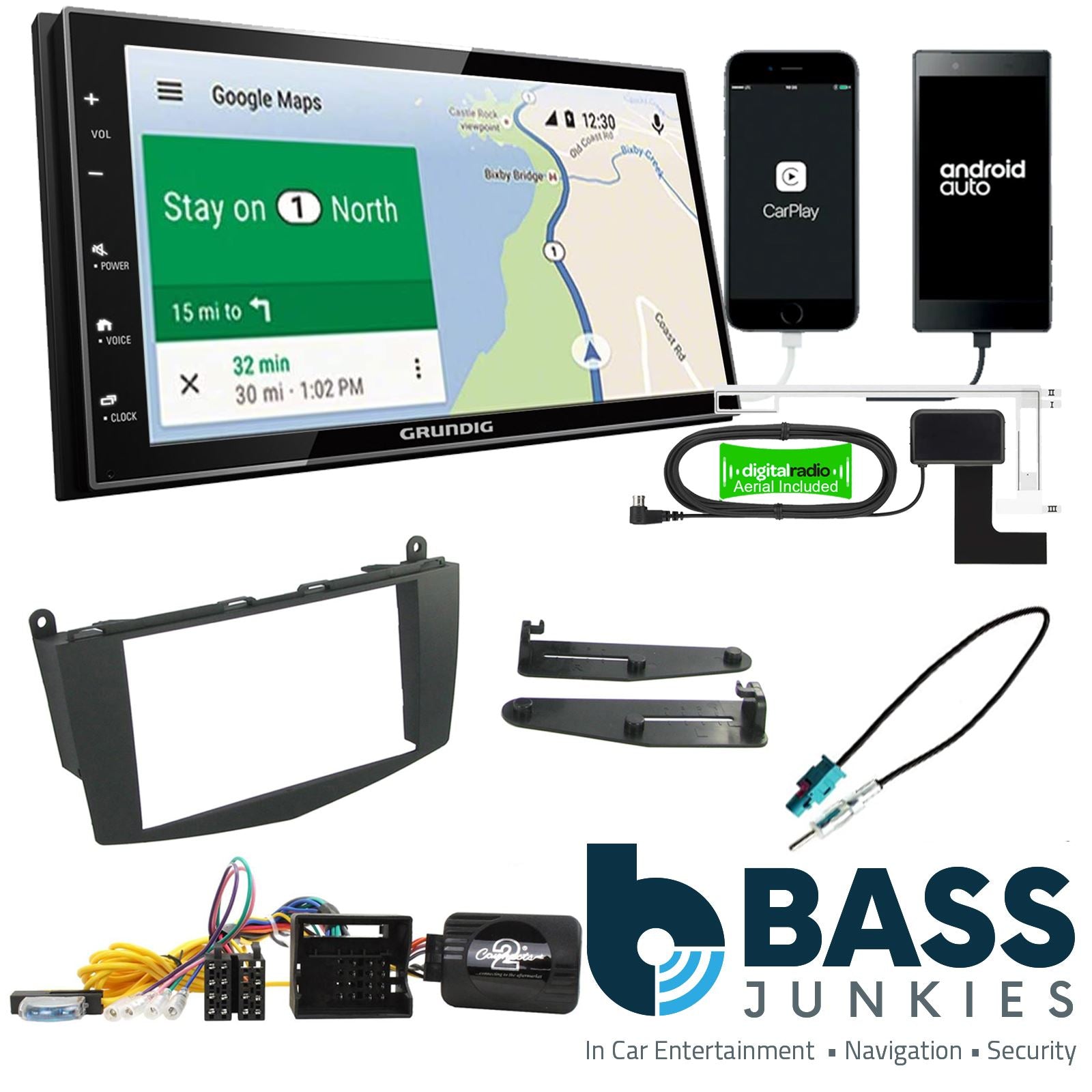 Grundig 6.8" Apple Android Double Din Stereo Fitting Kit + Steering Wheel Stalk Controls to fit Mercedes C-Class 2007-11