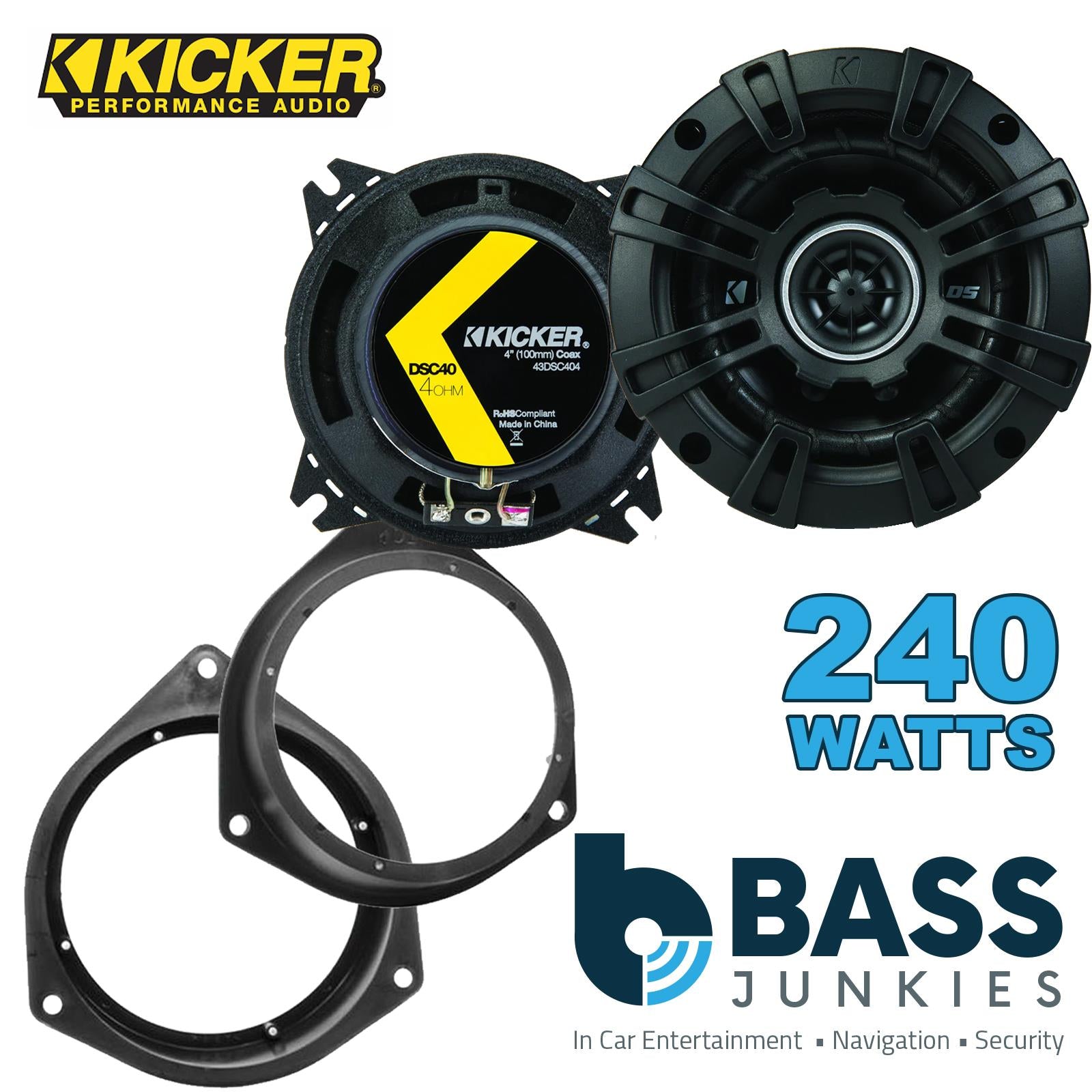 Kicker DSC404 100mm/10cm/4" 2-Way Coaxial Car speakers (Per Pair Max 240|60 watts RMS) Fits Fiat Qubo 2008-18 | Fiorino 08-21