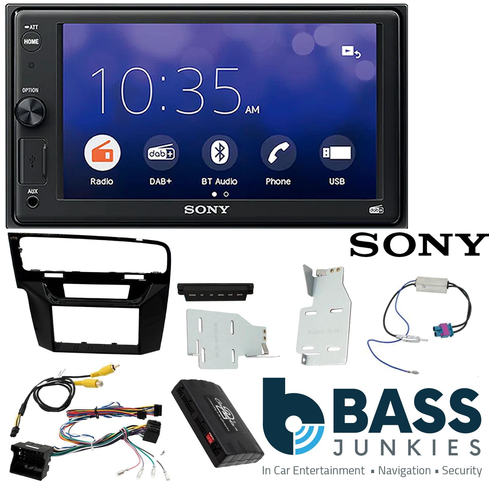 SONY XAV-1550D DAB+ Smart Bluetooth Car Radio + Left Hand Drive [LHD] Stereo fitting kit + Steering Wheel Controls Loom for Volkswagen Golf LHD 2012-2018