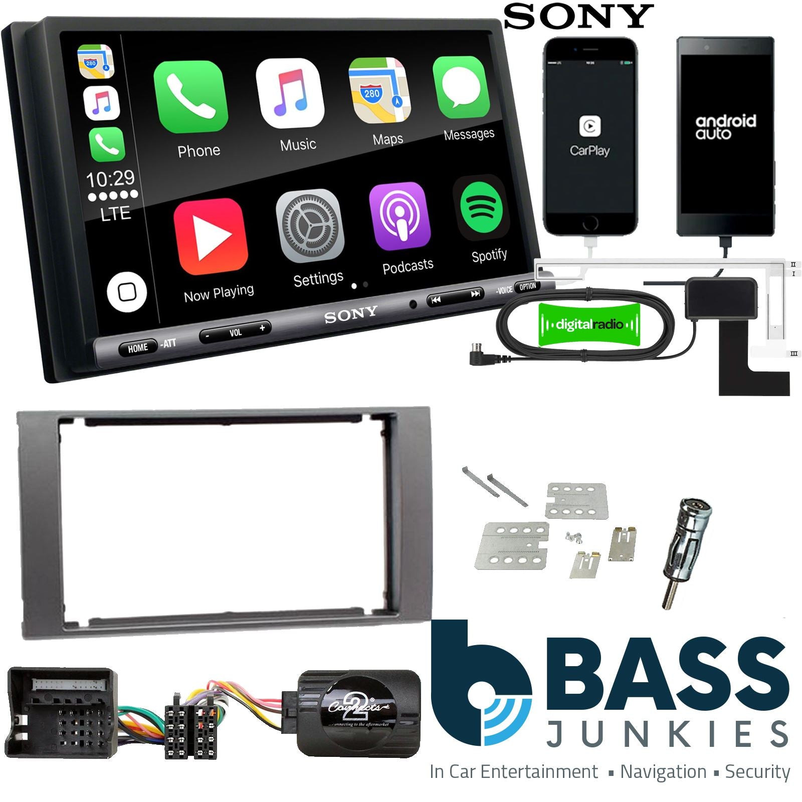 SONY DAB+ Apple | Android Double Din Stereo Fitting Kit + Steering Wheel Stalk Controls to fit Ford C-Max 2003-10 | Ford Focus 2004-07 | Ford Fiesta 2005-08