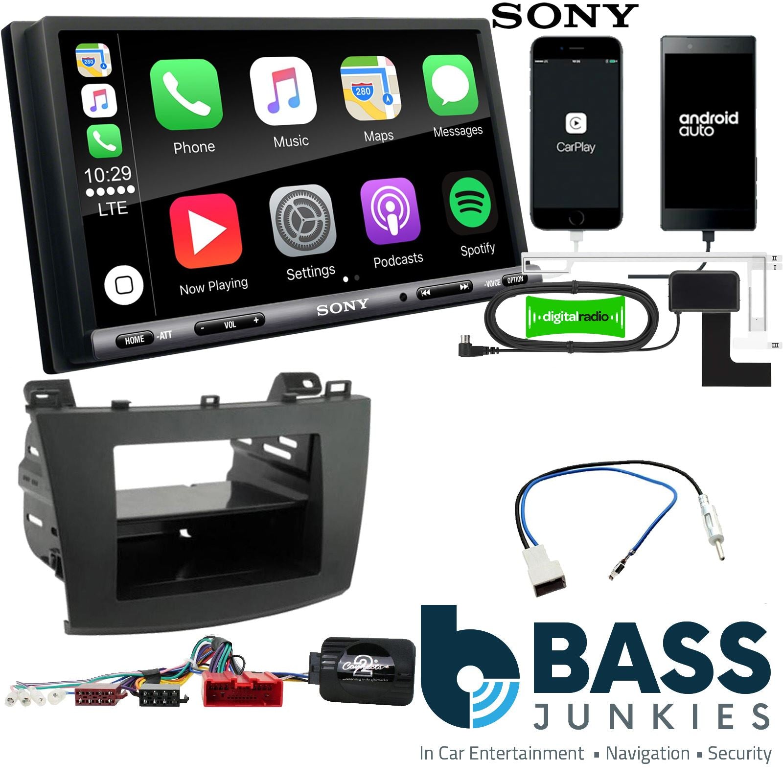 SONY DAB+ Apple | Android Double Din Stereo Fitting Kit + Steering Wheel Stalk Controls to fit Mazda 3 2010-14