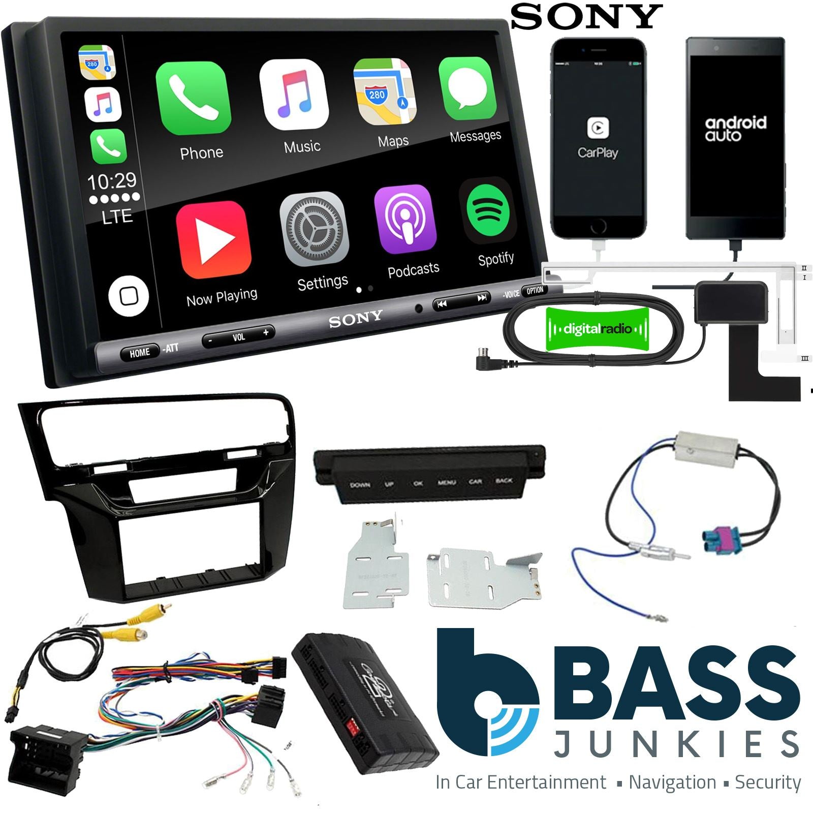 SONY DAB+ Apple | Android Double Din Stereo Fitting Kit + Steering Wheel Stalk Controls to fit VW Golf 2012-18