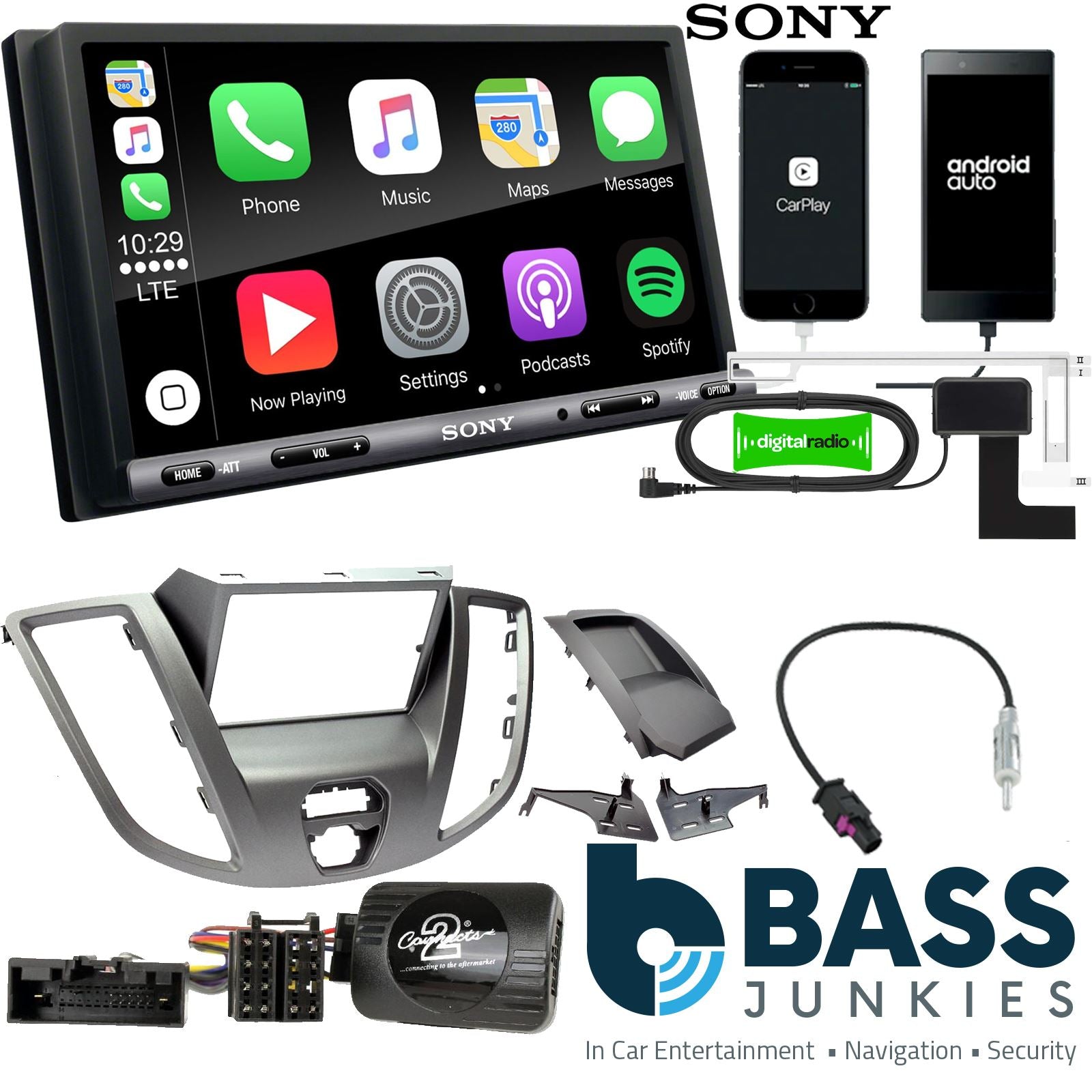 SONY DAB+ Apple | Android Double Din Stereo Fitting Kit + Steering Wheel Stalk Controls to fit Ford Transit 2015-21