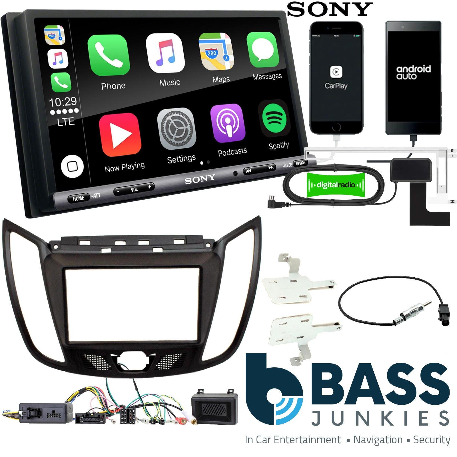 SONY DAB+ Apple | Android Double Din Stereo Fitting Kit + Steering Wheel Stalk Controls to fit Ford Kuga 2013-