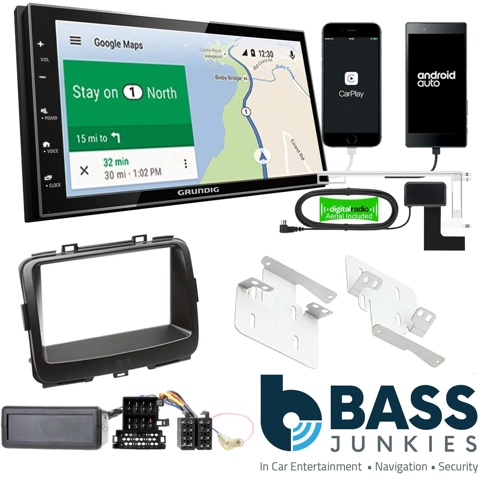 Grundig 6.8" Apple Android Double Din Stereo Fitting Kit + Steering Wheel Stalk Controls to fit Kia Carens 2013-