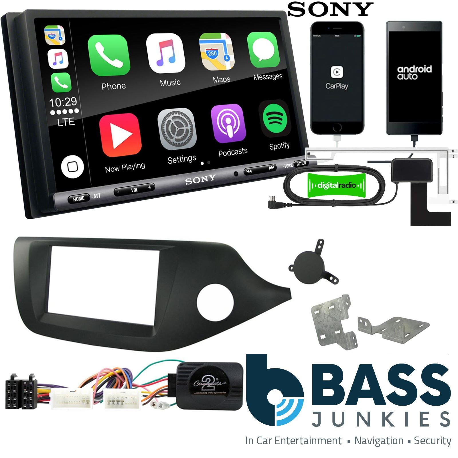 SONY DAB+ Apple | Android Double Din Stereo Fitting Kit + Steering Wheel Stalk Controls to fit Kia Cee'd 2012-18 | Kia Pro-Cee'd 2012-18