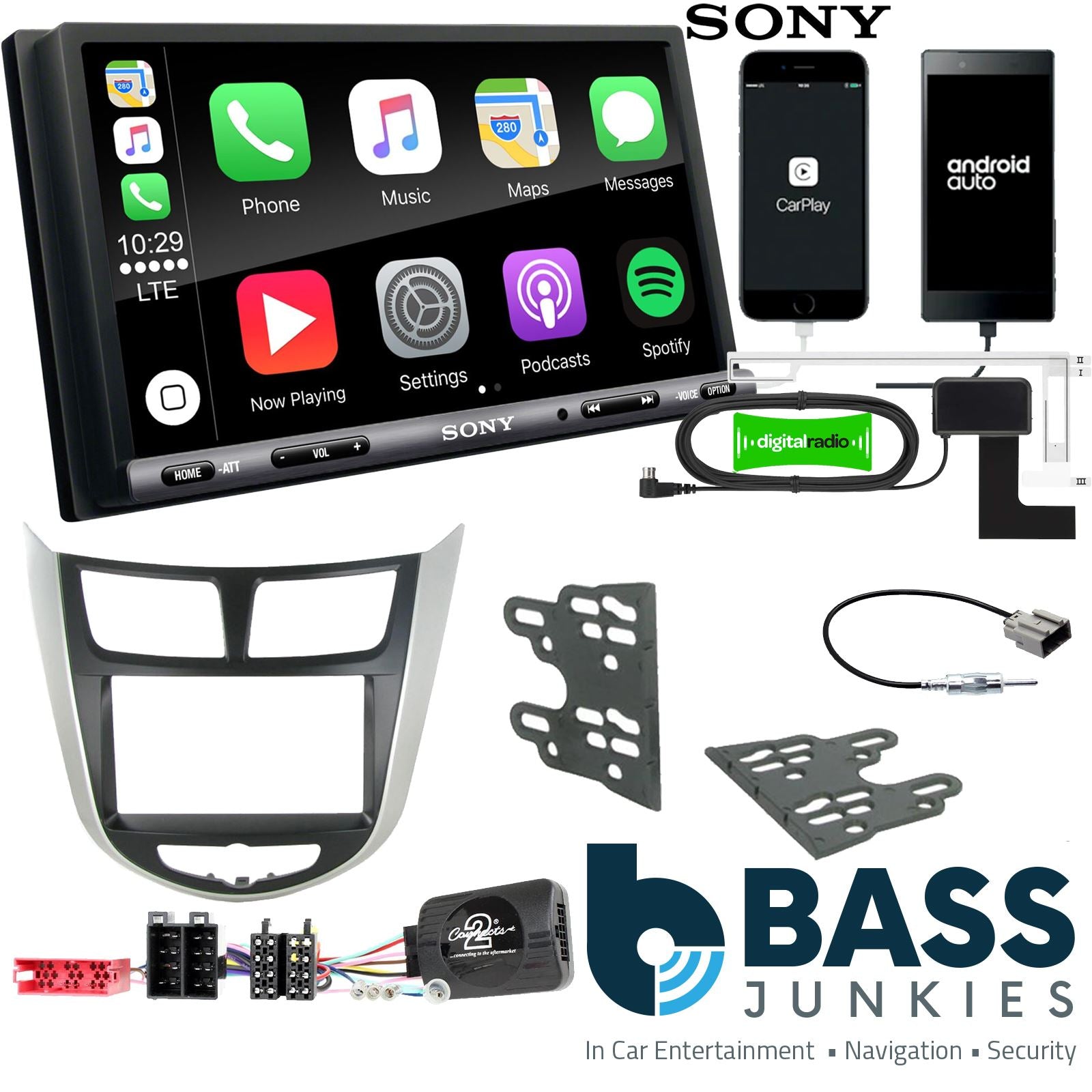 SONY DAB+ Apple | Android Double Din Stereo Fitting Kit + Steering Wheel Stalk Controls to fit Hyundai Solaris 2011- | Hyundai Verna 2011-