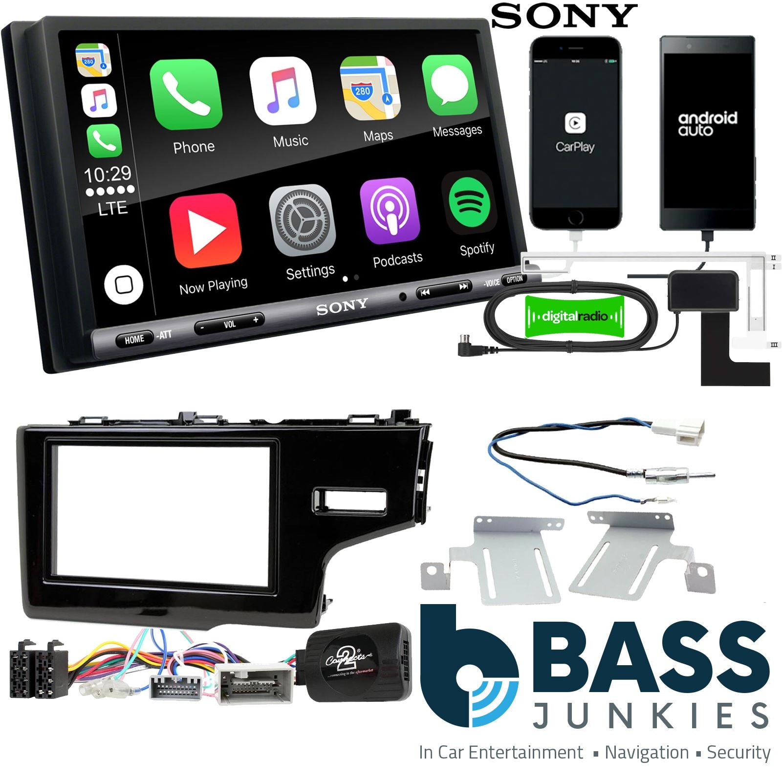 SONY DAB+ Apple | Android Double Din Stereo Fitting Kit + Steering Wheel Stalk Controls to fit Honda Fit 2014- | Honda Jazz 2014-
