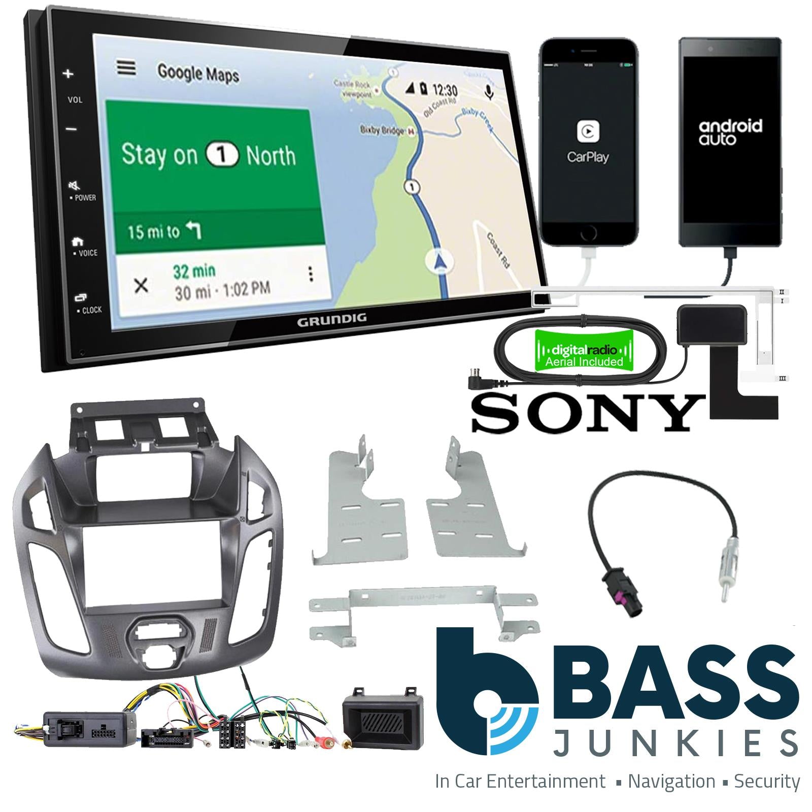 Grundig 6.8" Apple Android Double Din Stereo Fitting Kit + Steering Wheel Stalk Controls to fit Ford Transit-Connect 13-21