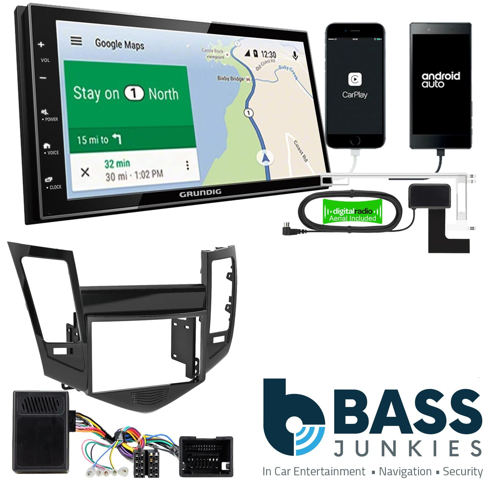 Grundig 6.8" Apple Android Double Din Stereo Fitting Kit + Steering Wheel Stalk Controls to fit Chevrolet Cruze 2009-12