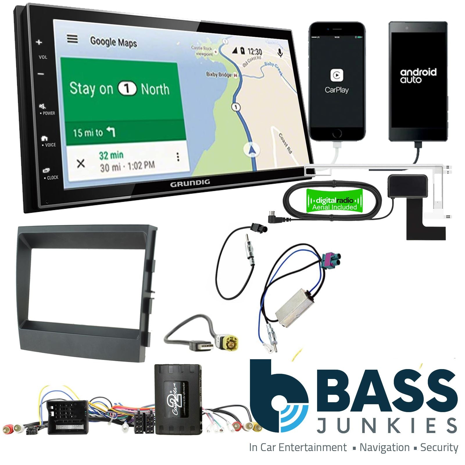 Grundig 6.8" Apple Android Double Din Stereo Fitting Kit + Steering Wheel Stalk Controls to fit Porsche Panamera 2009-16