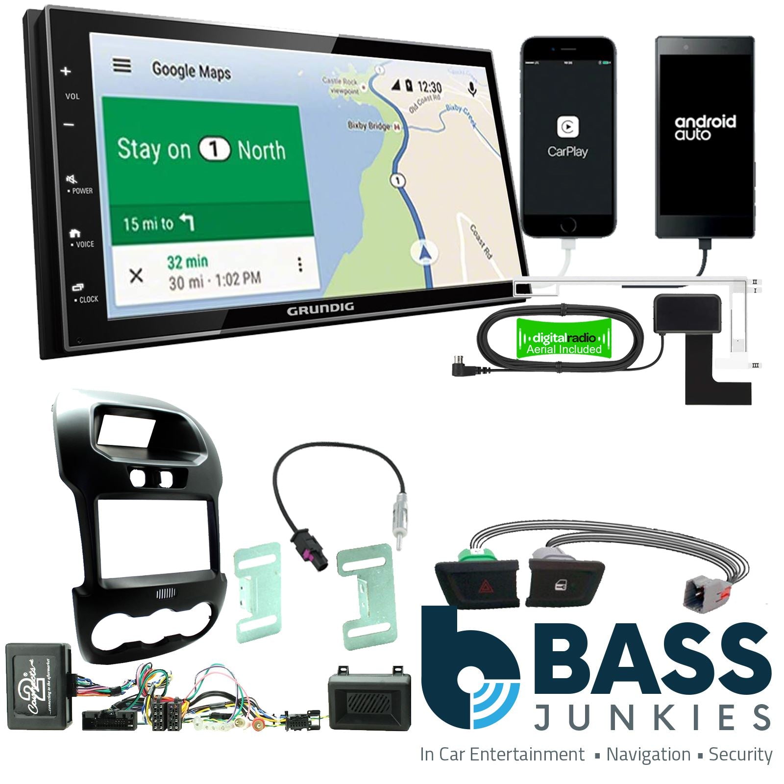 Grundig 6.8" Apple Android Double Din Stereo Fitting Kit + Steering Wheel Stalk Controls to fit Ford Ranger 2013-16