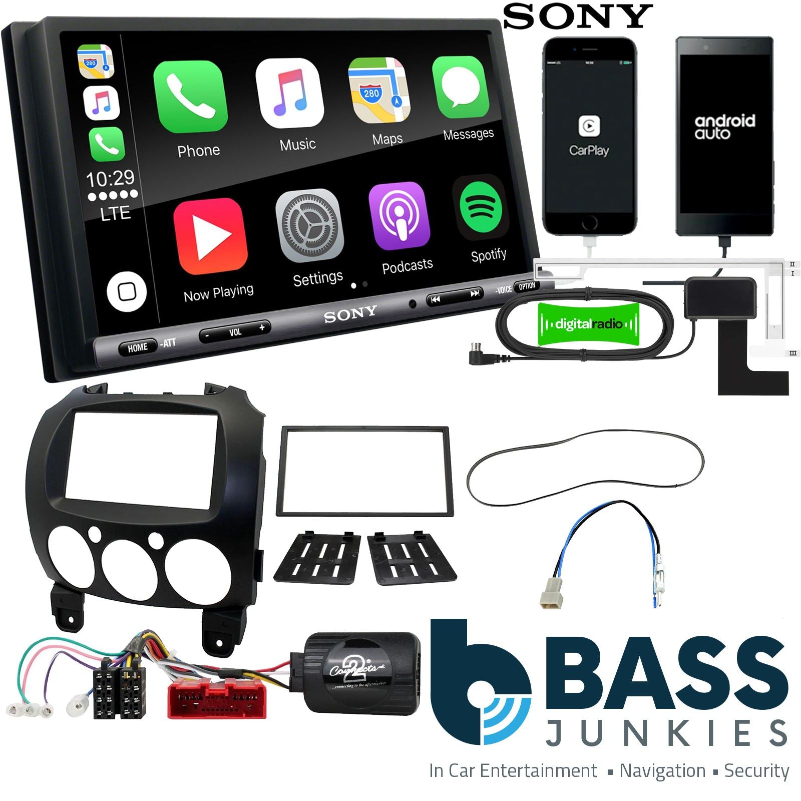SONY DAB+ Apple | Android Double Din Stereo Fitting Kit + Steering Wheel Stalk Controls to fit Mazda 2 2008-14