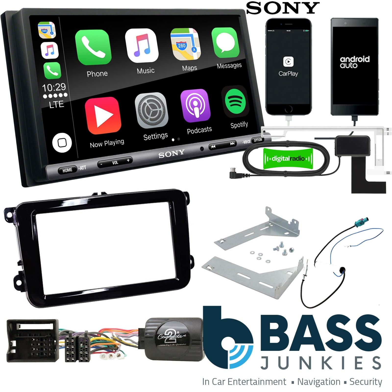 SONY DAB+ Apple | Android Double Din Stereo Fitting Kit + Steering Wheel Stalk Controls to fit VW EOS 2006-16 | VW Tiguan 2007-15 | VW Golf 2003-13