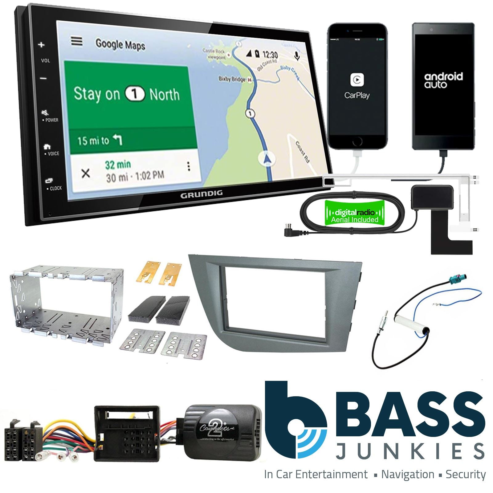 Grundig 6.8" Apple Android Double Din Stereo Fitting Kit + Steering Wheel Stalk Controls to fit Seat Ibiza 2008-14