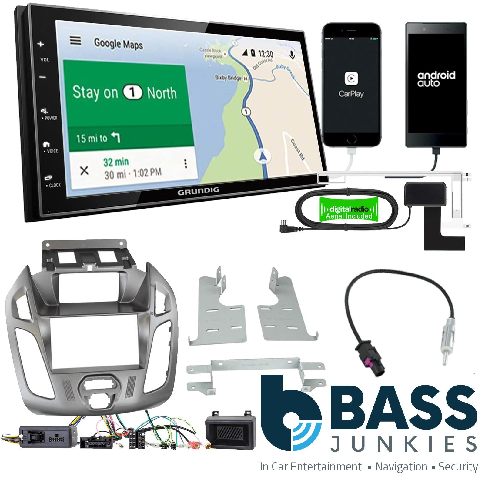Grundig 6.8" Apple Android Double Din Stereo Fitting Kit + Steering Wheel Stalk Controls to fit Ford Transit-Connect 13-21