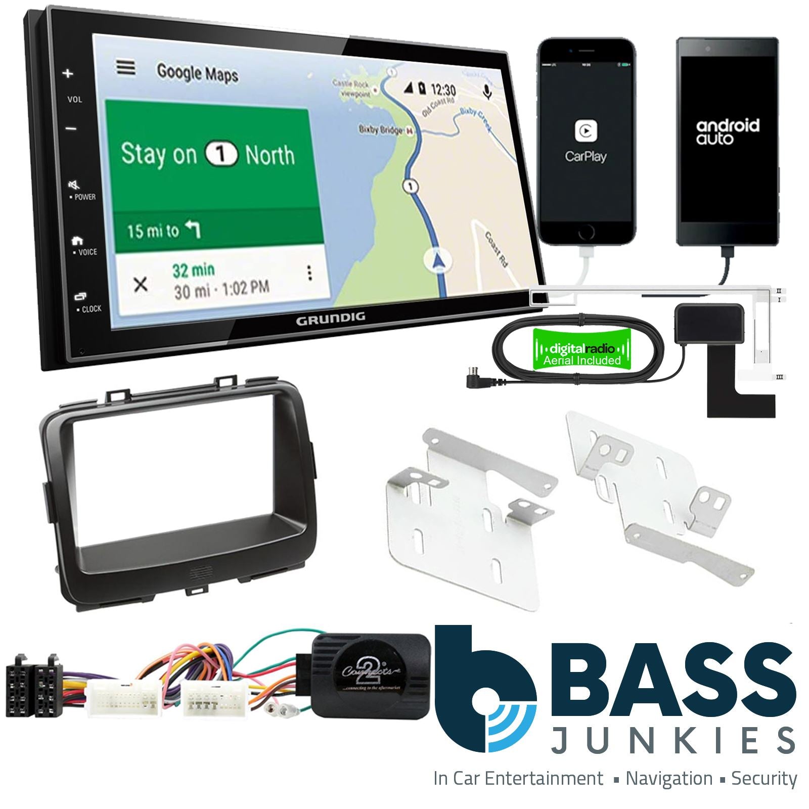 Grundig 6.8" Apple Android Double Din Stereo Fitting Kit + Steering Wheel Stalk Controls to fit Kia Carens 2013-