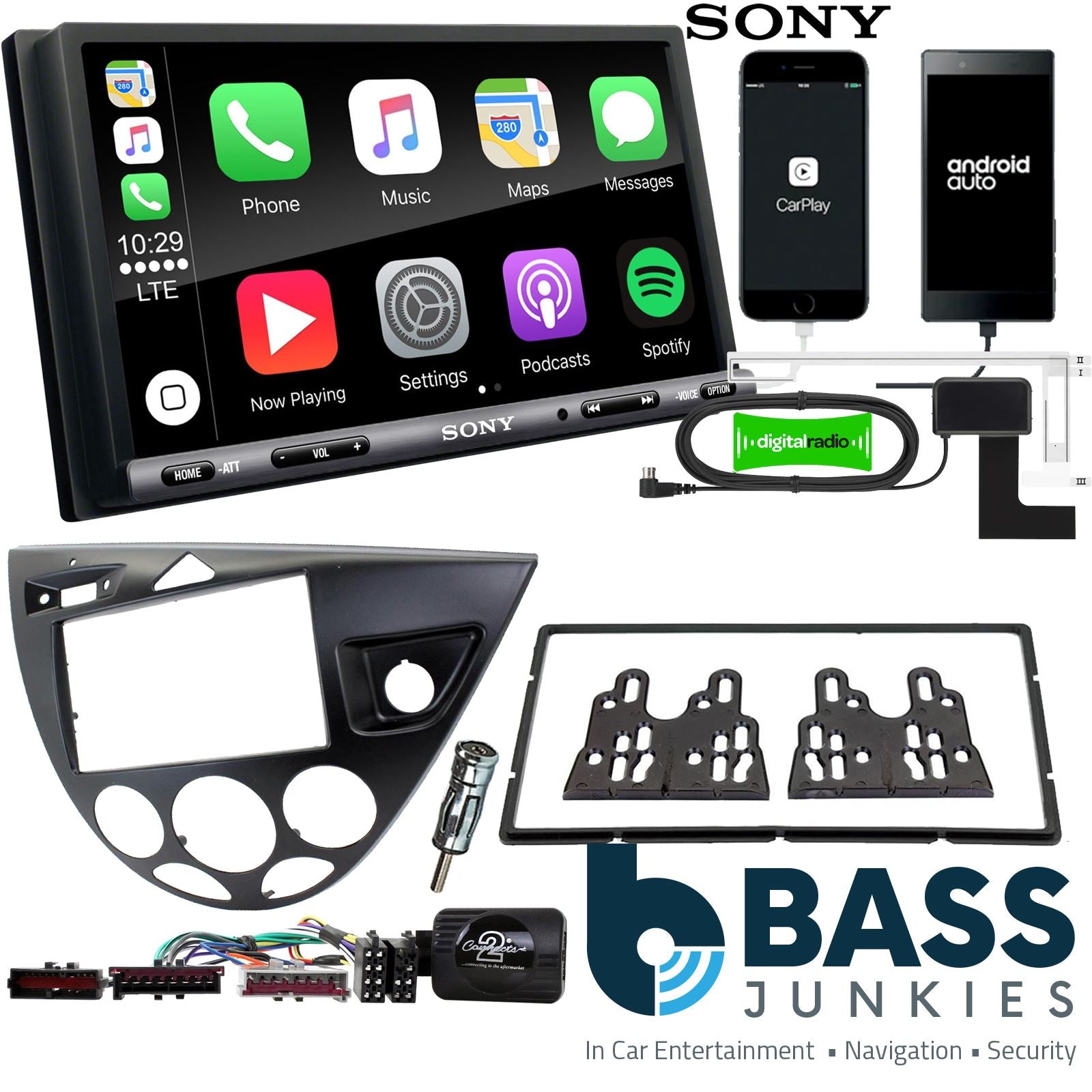SONY DAB+ Apple | Android Double Din Stereo Fitting Kit + Steering Wheel Stalk Controls to fit Ford Focus 1999-04