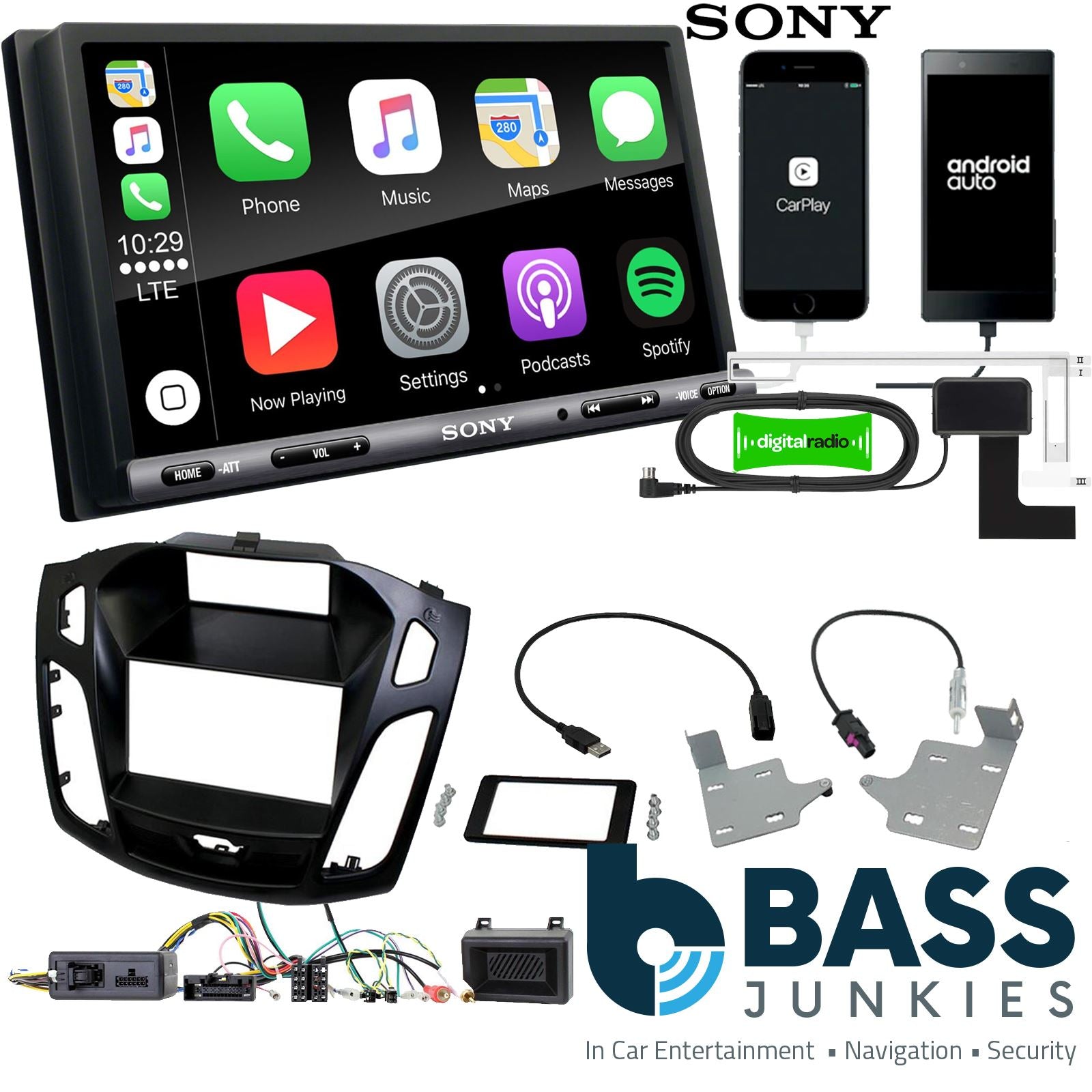 SONY DAB+ Apple | Android Double Din Stereo Fitting Kit + Steering Wheel Stalk Controls to fit Ford Focus 2015-18